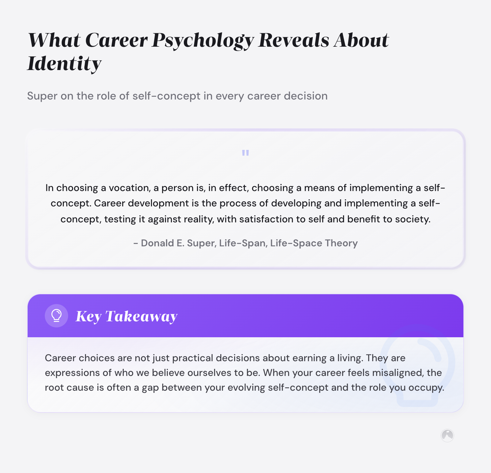 Quote card: Super on career as self-concept implementation. 'In choosing a vocation, a person is choosing a means of implementing a self-concept.' (Super, 1990)