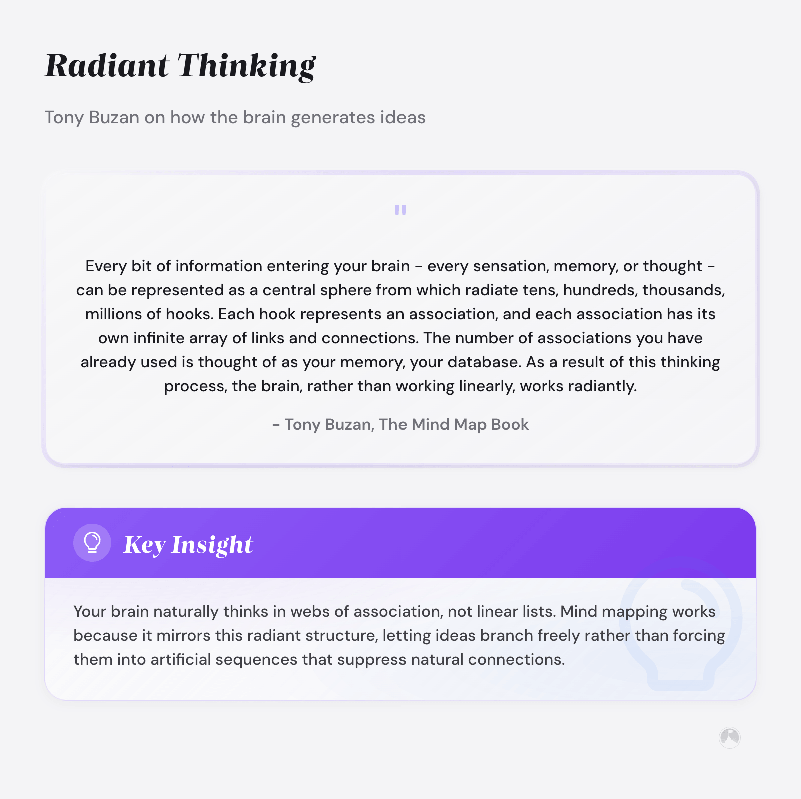 Quote card: Tony Buzan describes radiant thinking  -  the brain radiates associations from every idea, working radiantly not linearly. (Buzan, 1993)