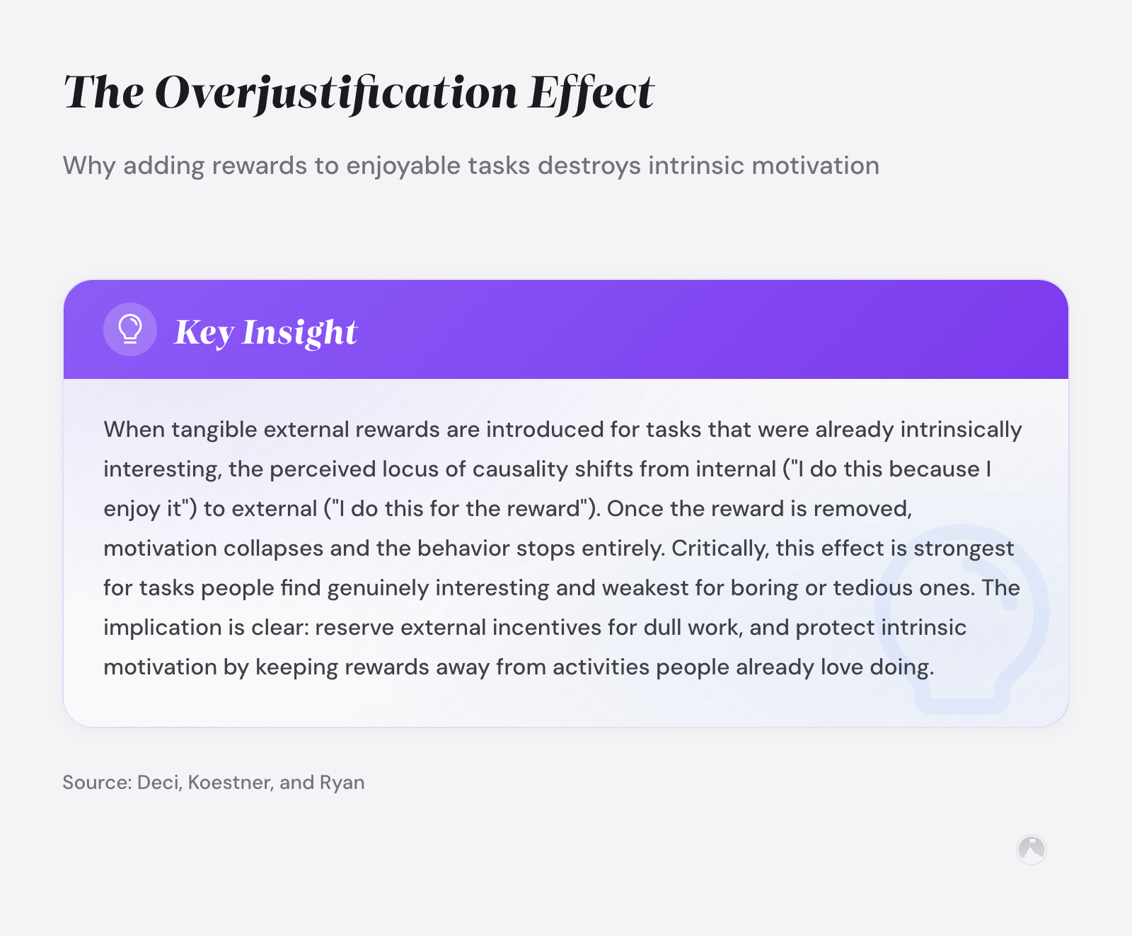 Reward System for Productivity: Build Habits That Reinforce Themselves 3 The Overjustification Effect: external rewards shift motivation from internal to external, collapsing behavior when removed. (Deci, Koestner & Ryan, 1999)