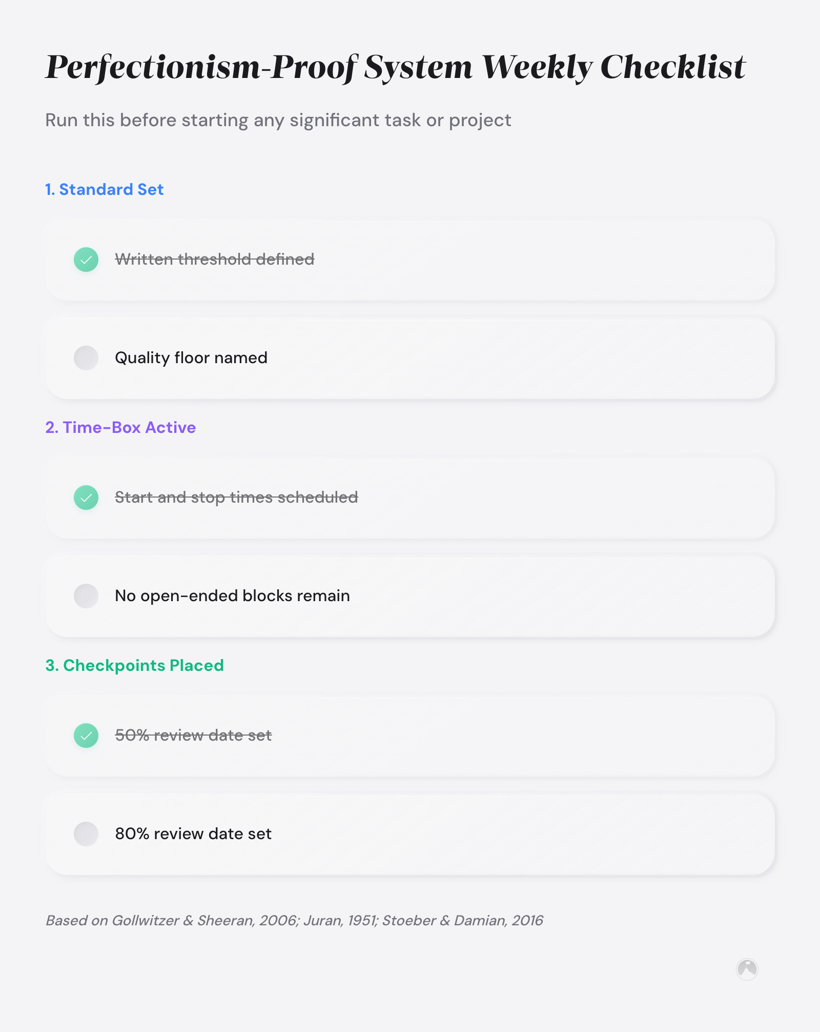Building Systems That Beat Perfectionism: 4-Step Framework 2 Weekly checklist to prevent perfectionism: set written standards, activate time-boxes with start/stop times, and place 50% and 80% review checkpoints.