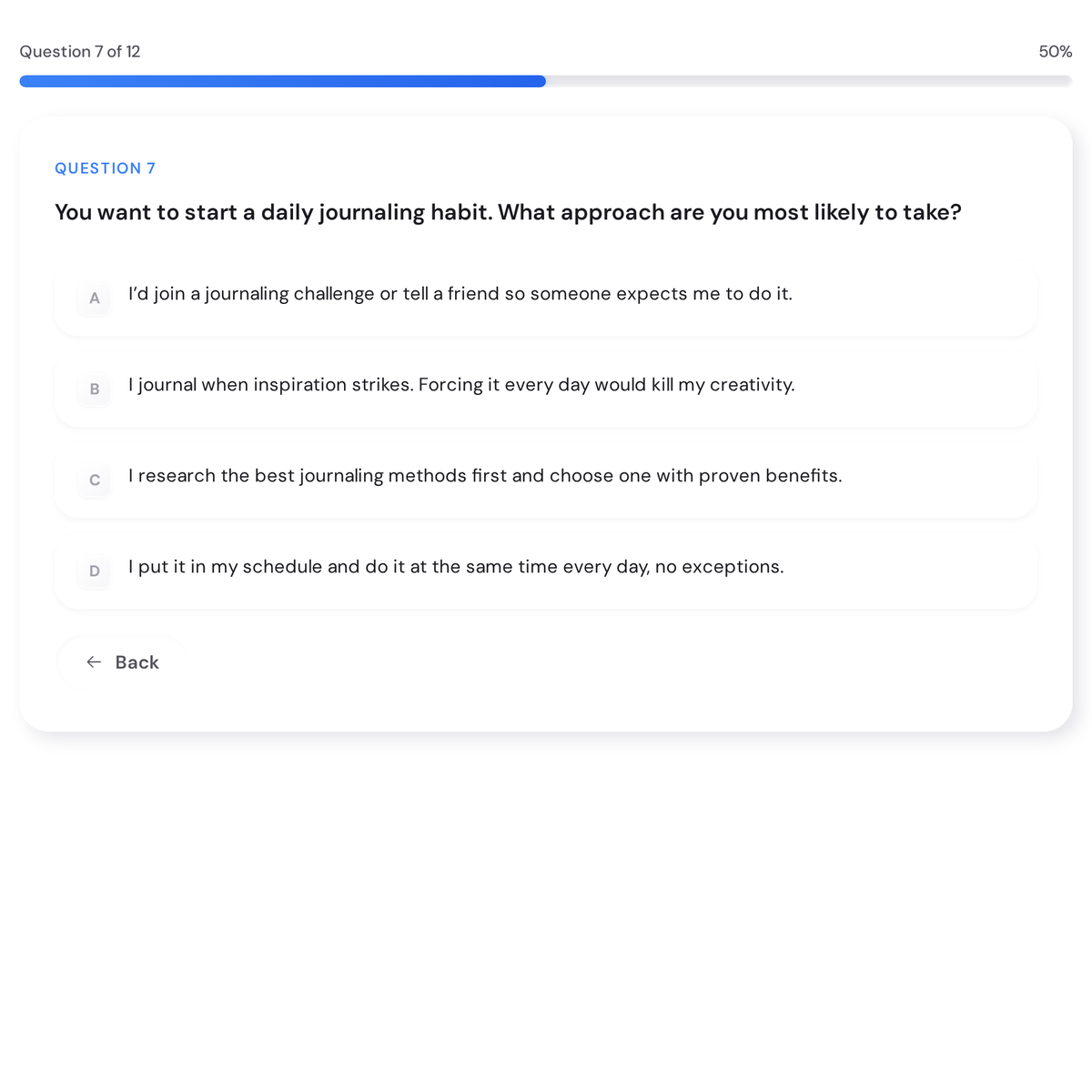 What's Your Accountability Style? Free Quiz with Personalised Tactics 3 Accountability Style Quiz at question 7 of 12 showing a journaling scenario with a progress bar at 50 percent