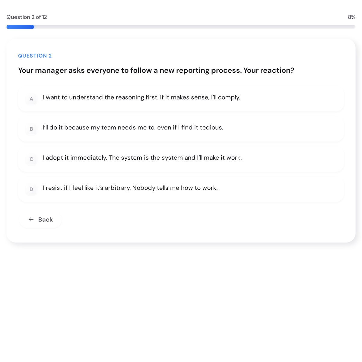What's Your Accountability Style? Free Quiz with Personalised Tactics 2 Accountability Style Quiz scenario question showing a workplace situation with four answer options, each mapping to a different tendency