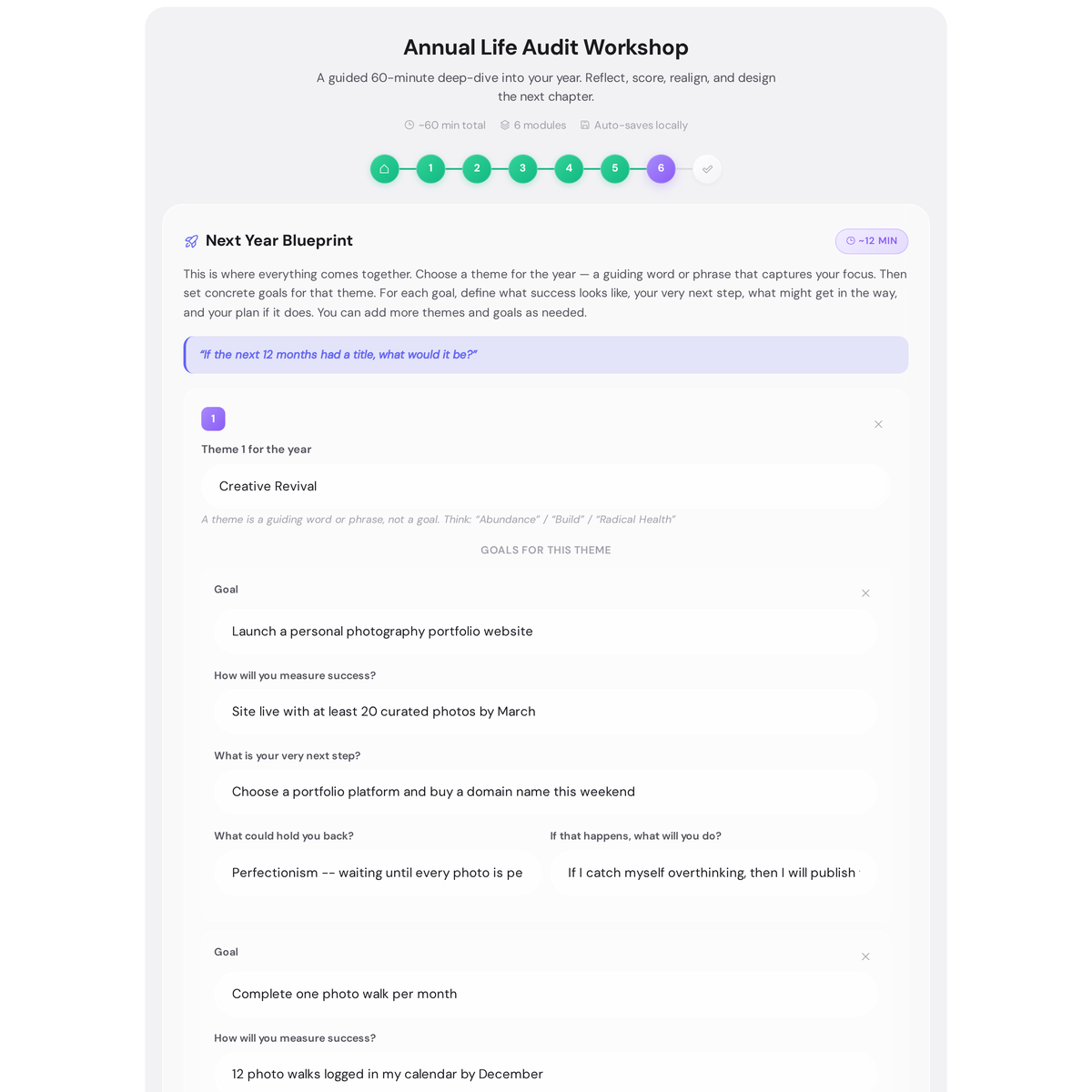 Annual Life Audit Workshop - Guided 60-Minute Year Review and Planning 5 Annual Life Audit Workshop full output document showing domain radar chart and detailed responses from all six modules