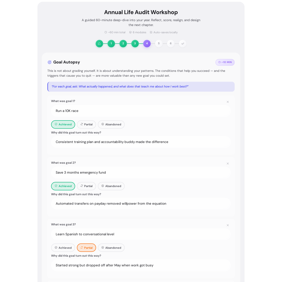 Annual Life Audit Workshop - Guided 60-Minute Year Review and Planning 4 Annual Life Audit Workshop Goal Autopsy module showing five past goals classified as achieved, partial, or abandoned