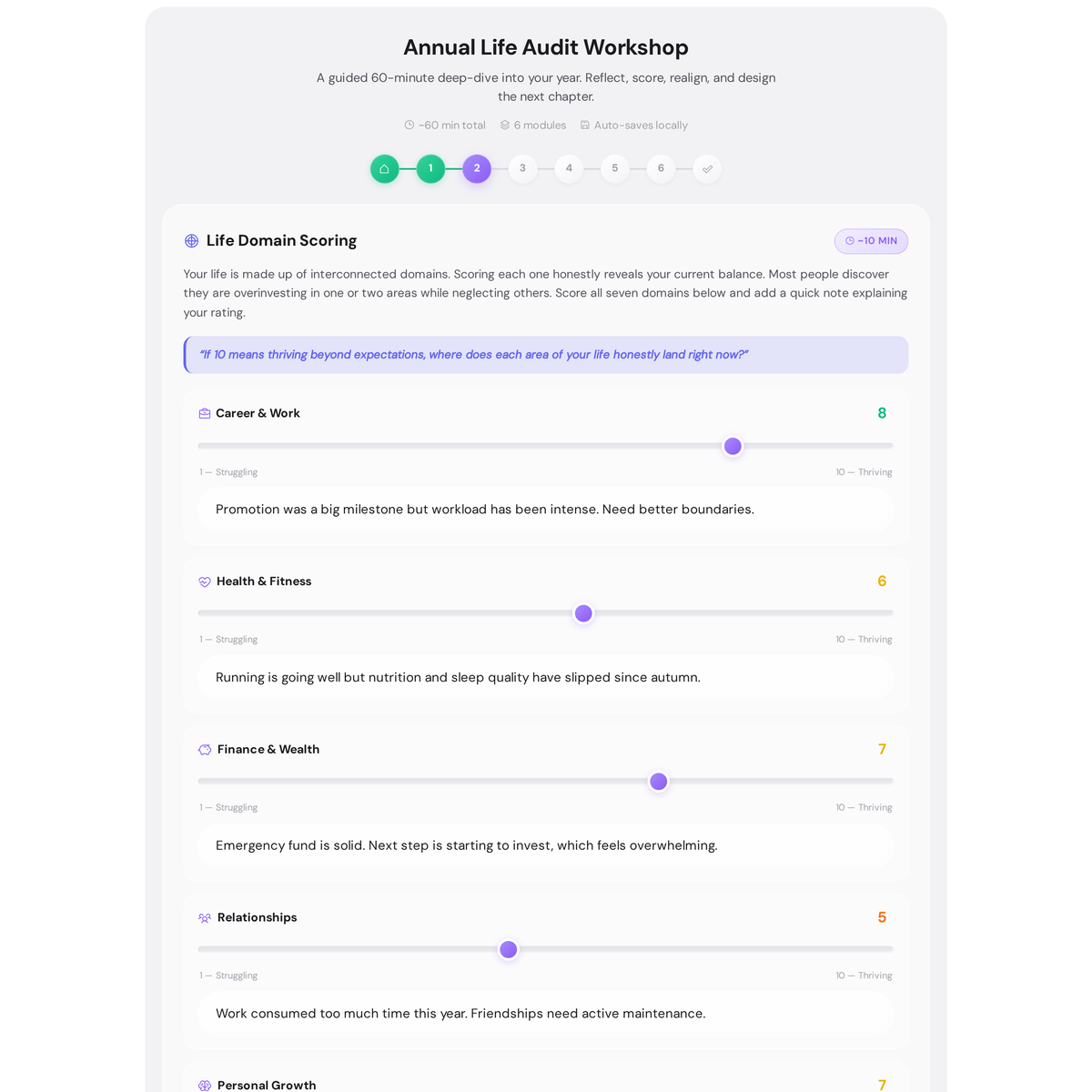 Annual Life Audit Workshop - Guided 60-Minute Year Review and Planning 3 Annual Life Audit Workshop Life Domain Scoring module with seven domains rated and commentary written for each