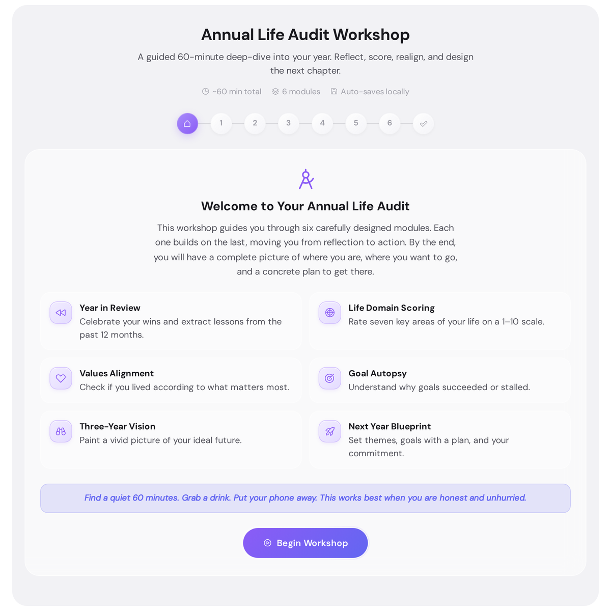 Annual Life Audit Workshop - free interactive planning tool