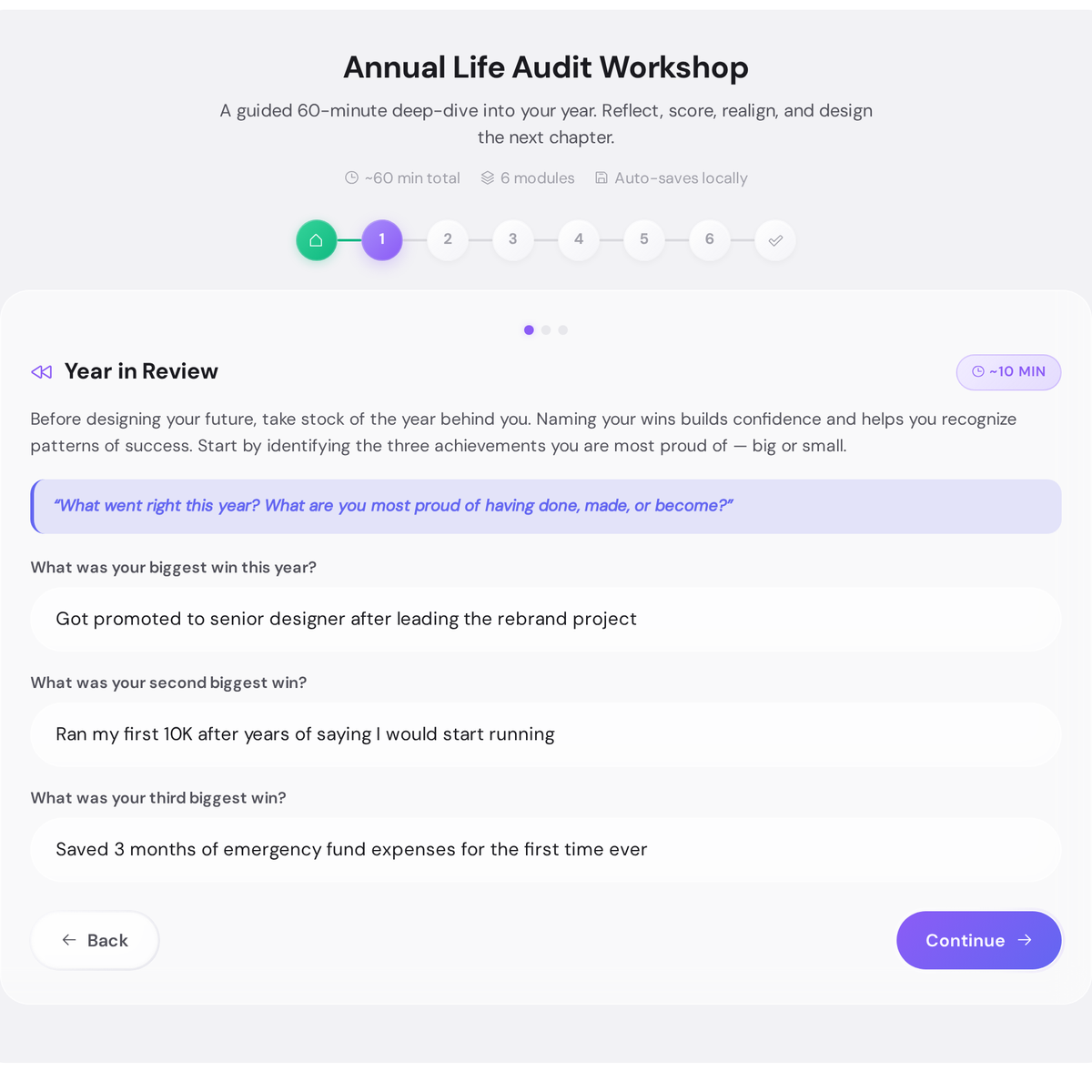 Annual Life Audit Workshop - Guided 60-Minute Year Review and Planning 2 Annual Life Audit Workshop Year in Review module with three wins filled in and a reflective prompt visible
