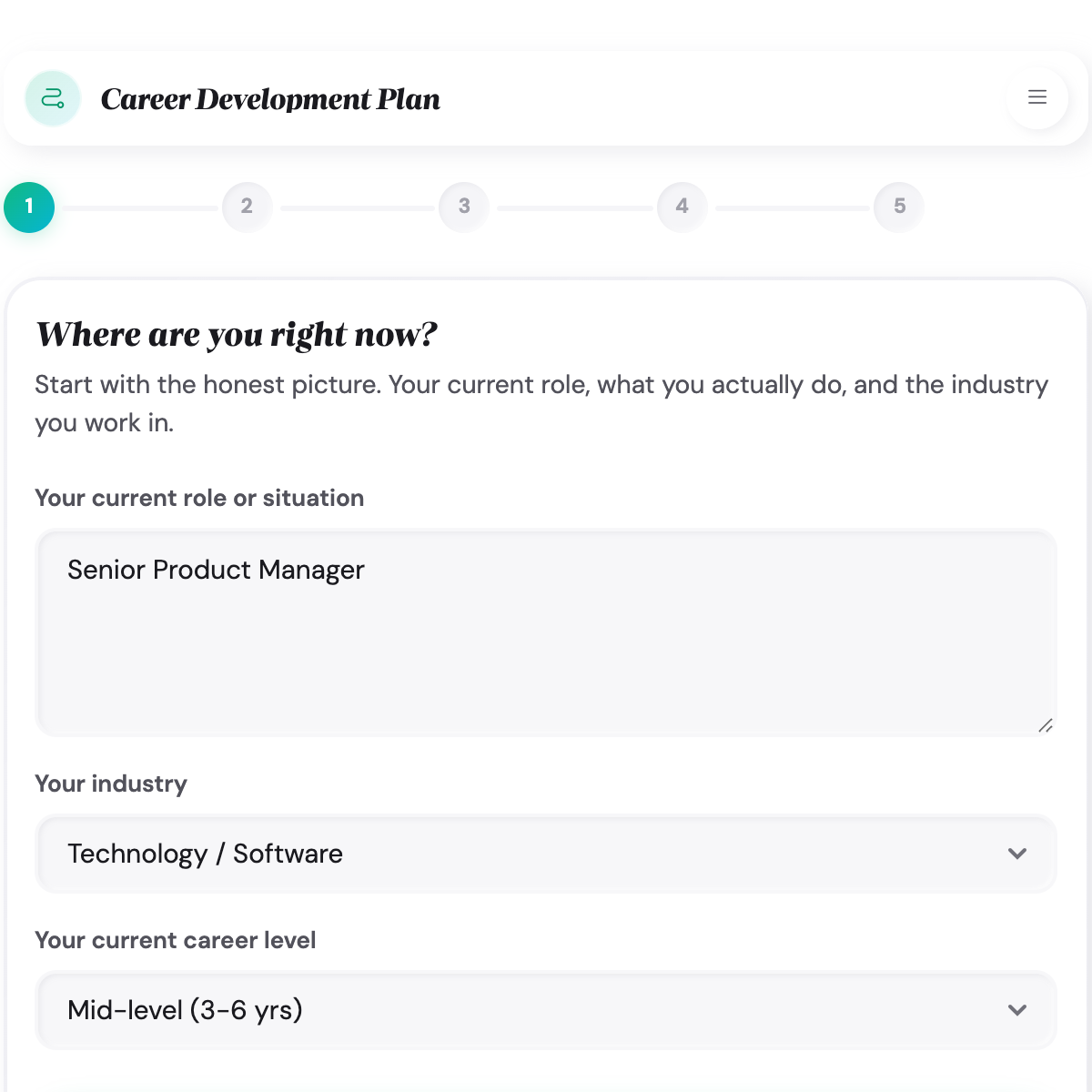Career Development Plan Builder step 3 with three skills selected across Leadership, Technical, and Communication categories plus milestone timeline