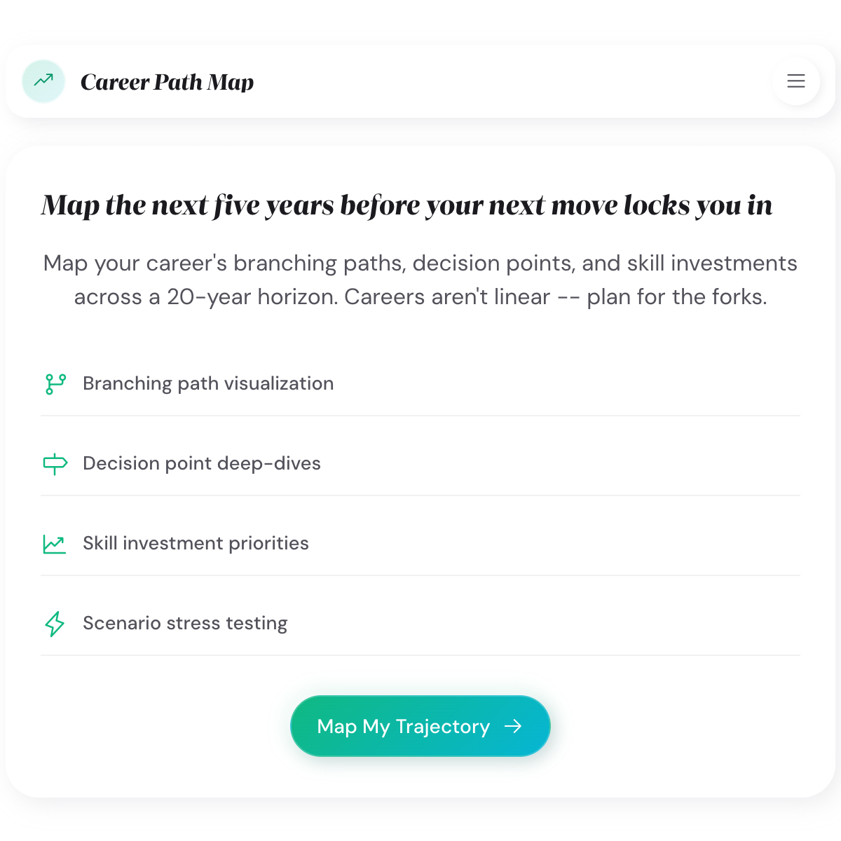Career Path Map intro screen listing the branching path visualization, decision points, skill priorities, and scenario stress testing features