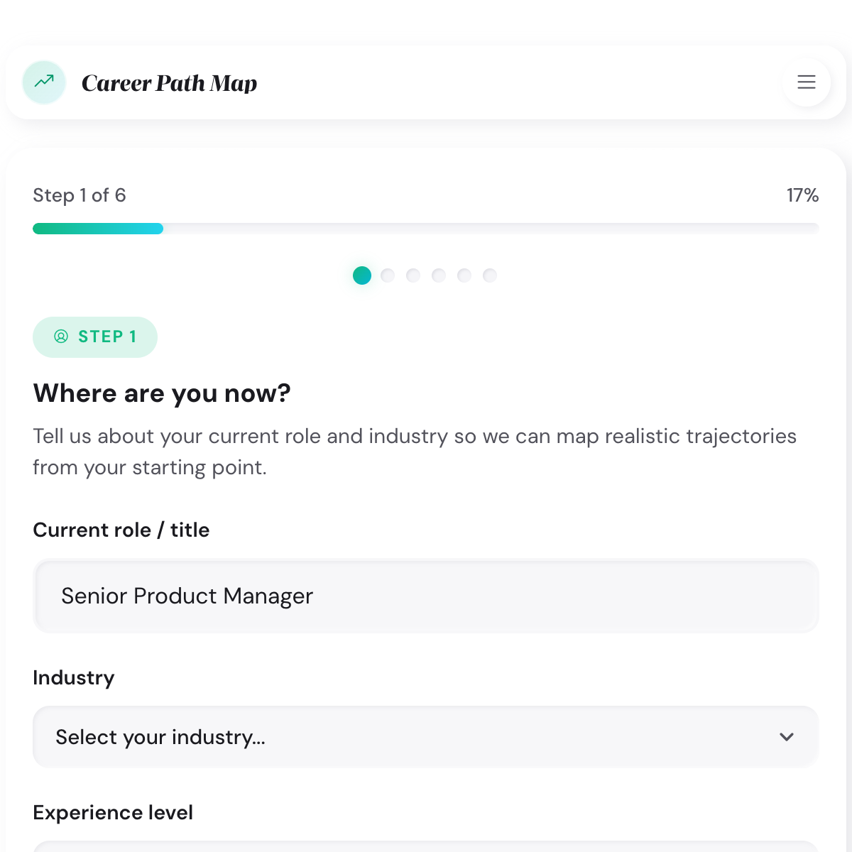 Skills inventory step in Career Path Map with three strengths selected and the preview of the 20-year branching map with decision points