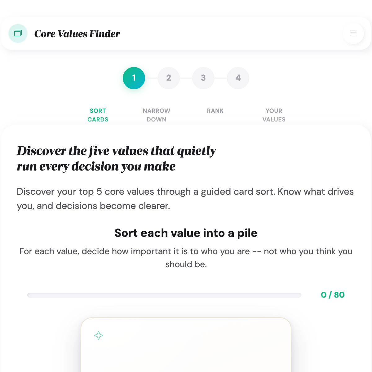 Core Values Finder on stage 1 of 4 with a values card visible and the Very Important, Important, Not Important pile buttons