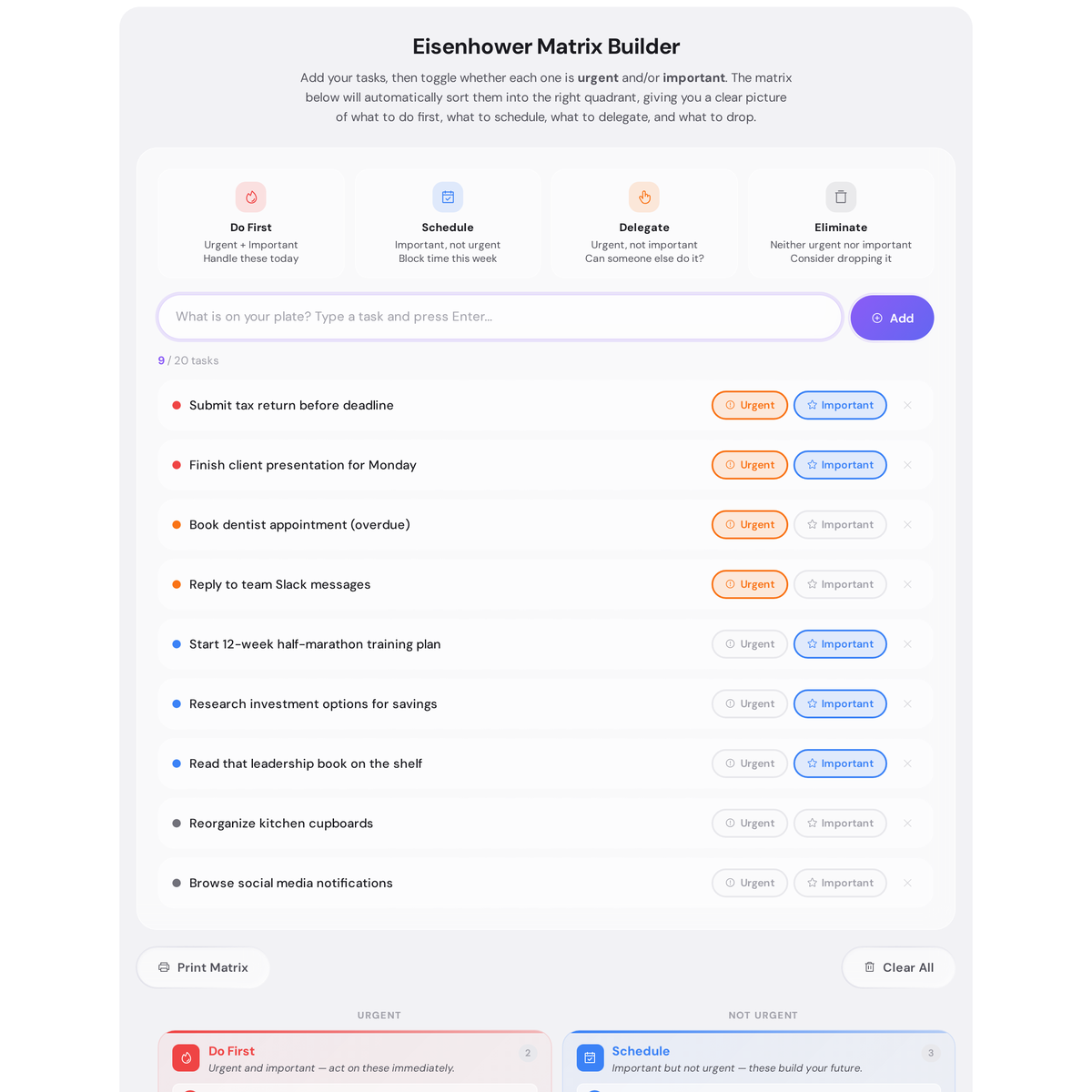 Free Eisenhower Matrix Builder - Prioritize Tasks by Urgency and Importance 4 Completed Eisenhower priority matrix showing tasks sorted into four quadrants: Do First in red, Schedule in blue, Delegate in orange, and Eliminate in grey