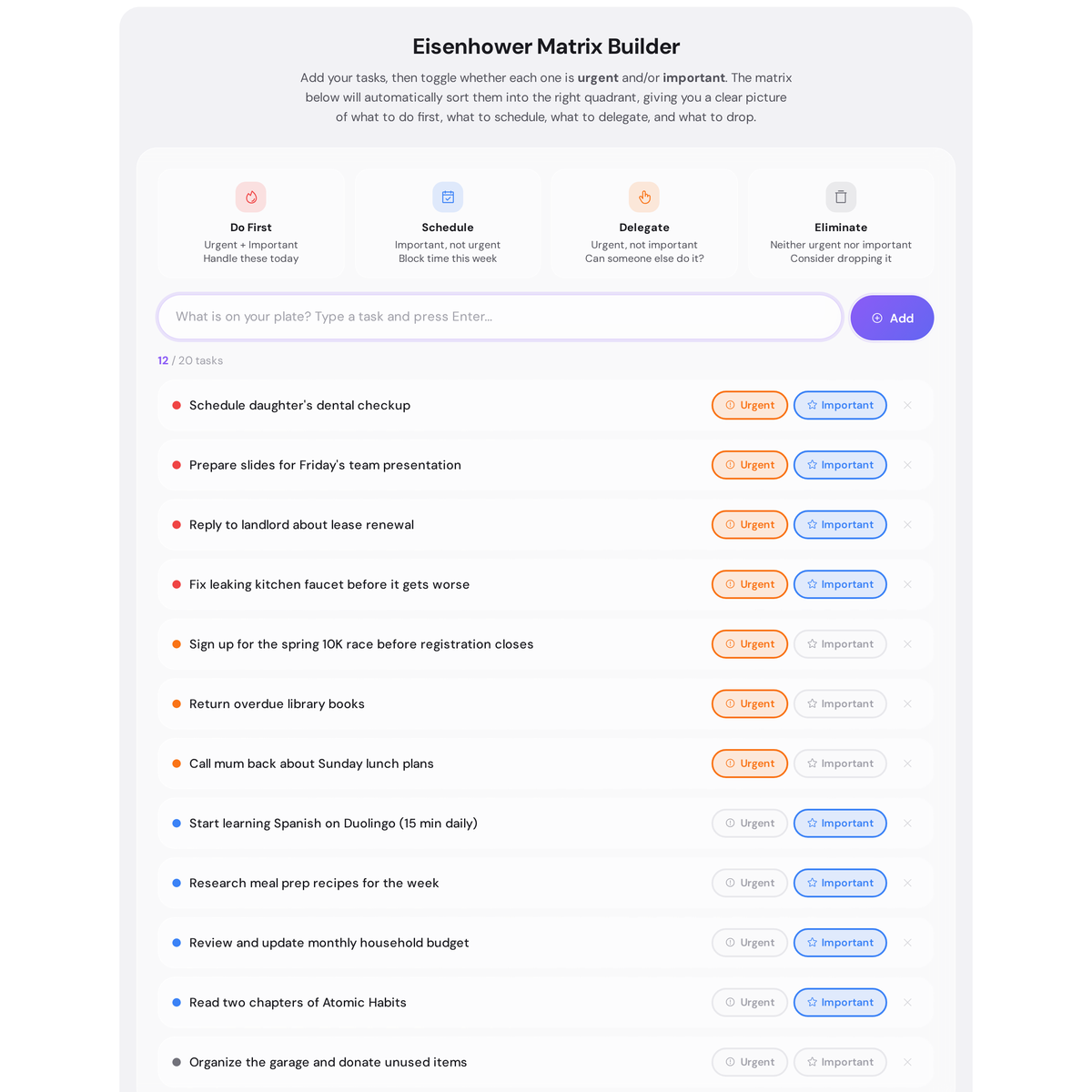 Free Eisenhower Matrix Builder - Prioritize Tasks by Urgency and Importance 2 Eisenhower matrix builder showing a list of tasks added to the task panel, each with Urgent and Important toggle buttons ready to be switched on or off