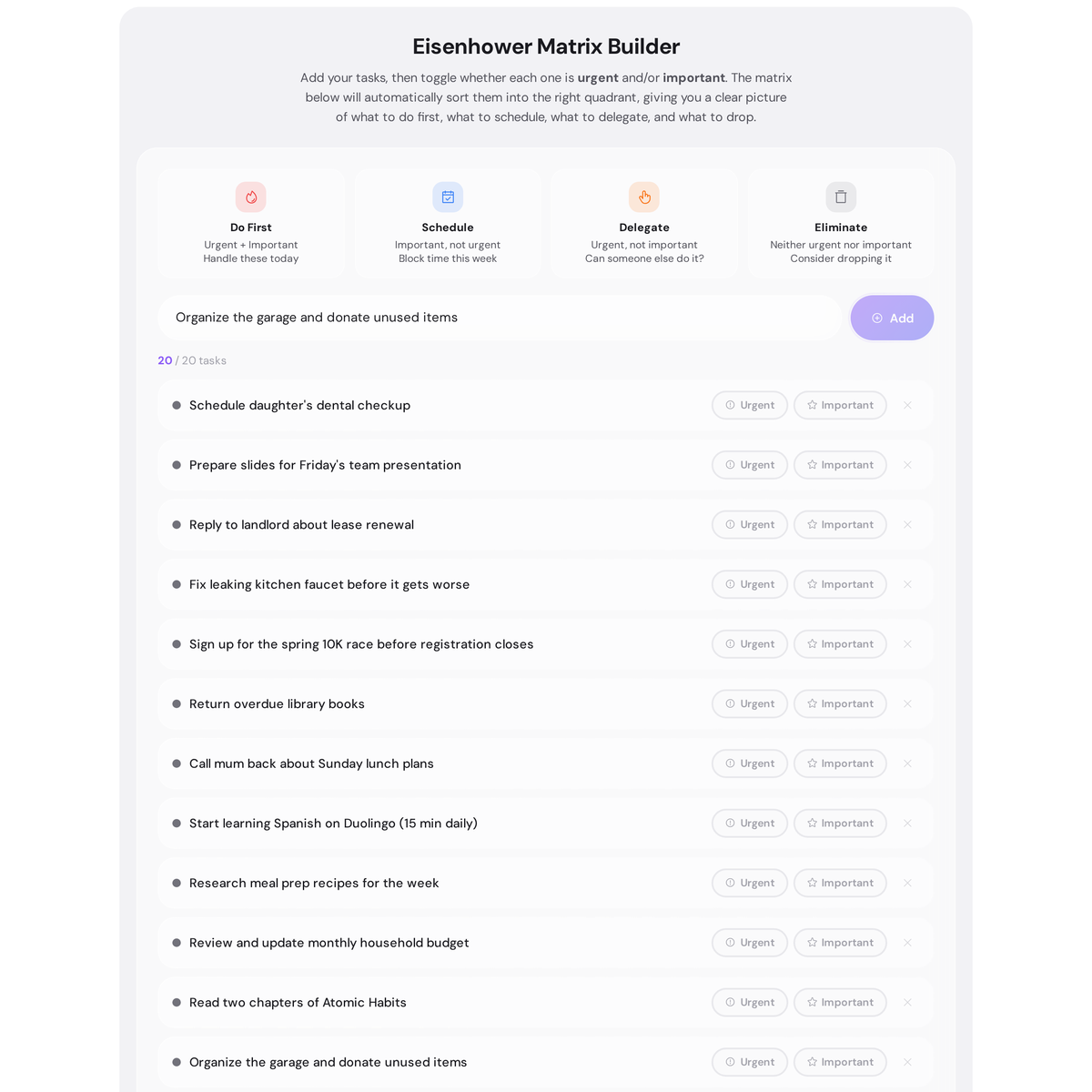 Free Eisenhower Matrix Builder - Prioritize Tasks by Urgency and Importance 3 Close-up of the Eisenhower matrix builder task row with the Urgent toggle activated in orange and the Important toggle activated in blue