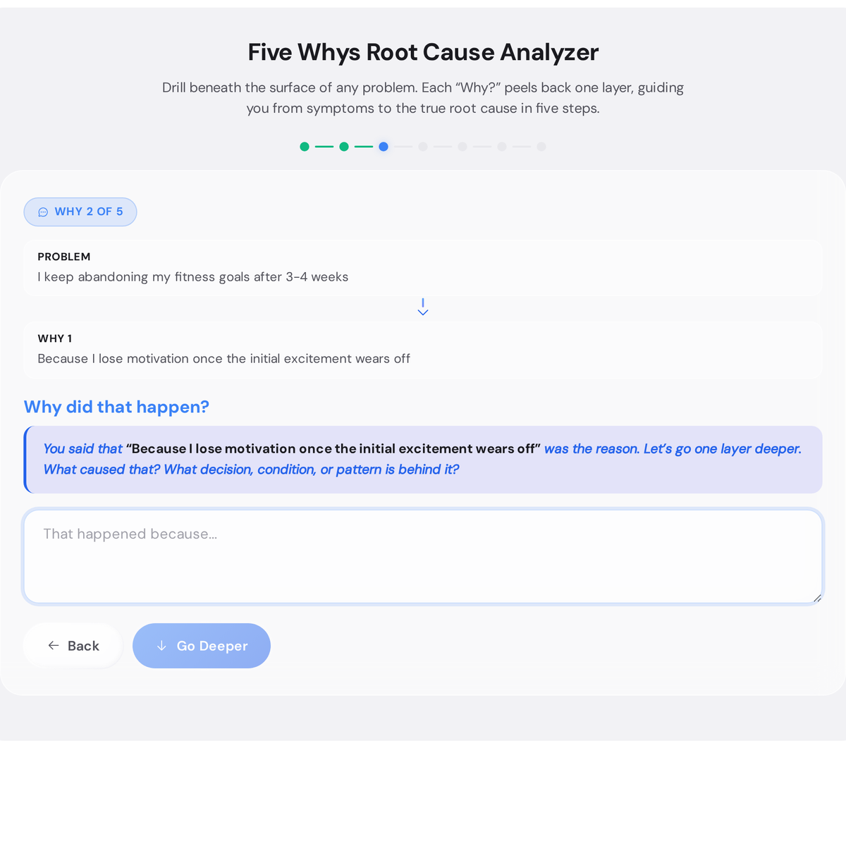 Free 5 Whys Root Cause Analyzer - Find the Real Problem Behind Any Setback 3 Root cause analysis chain building at Why 3 showing breadcrumb trail of problem and first two answers with contextual prompt asking about structural or behavioral patterns