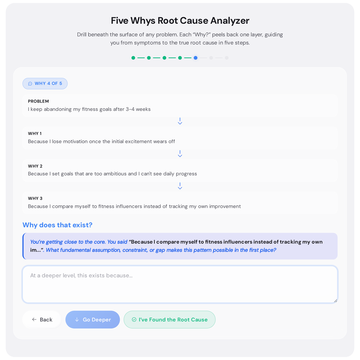 Free 5 Whys Root Cause Analyzer - Find the Real Problem Behind Any Setback 5 Root cause analysis results screen showing complete visual chain from problem to root cause, a Skill or Knowledge Gap diagnosis, and three targeted solution steps