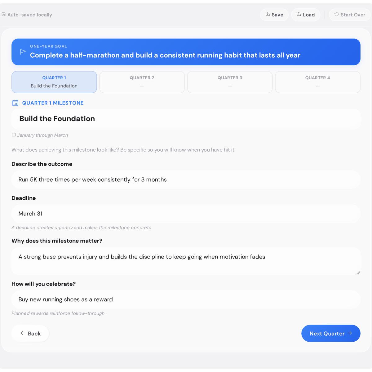 Goal cascading planner one-year goal entry screen with example goal and guided prompt
