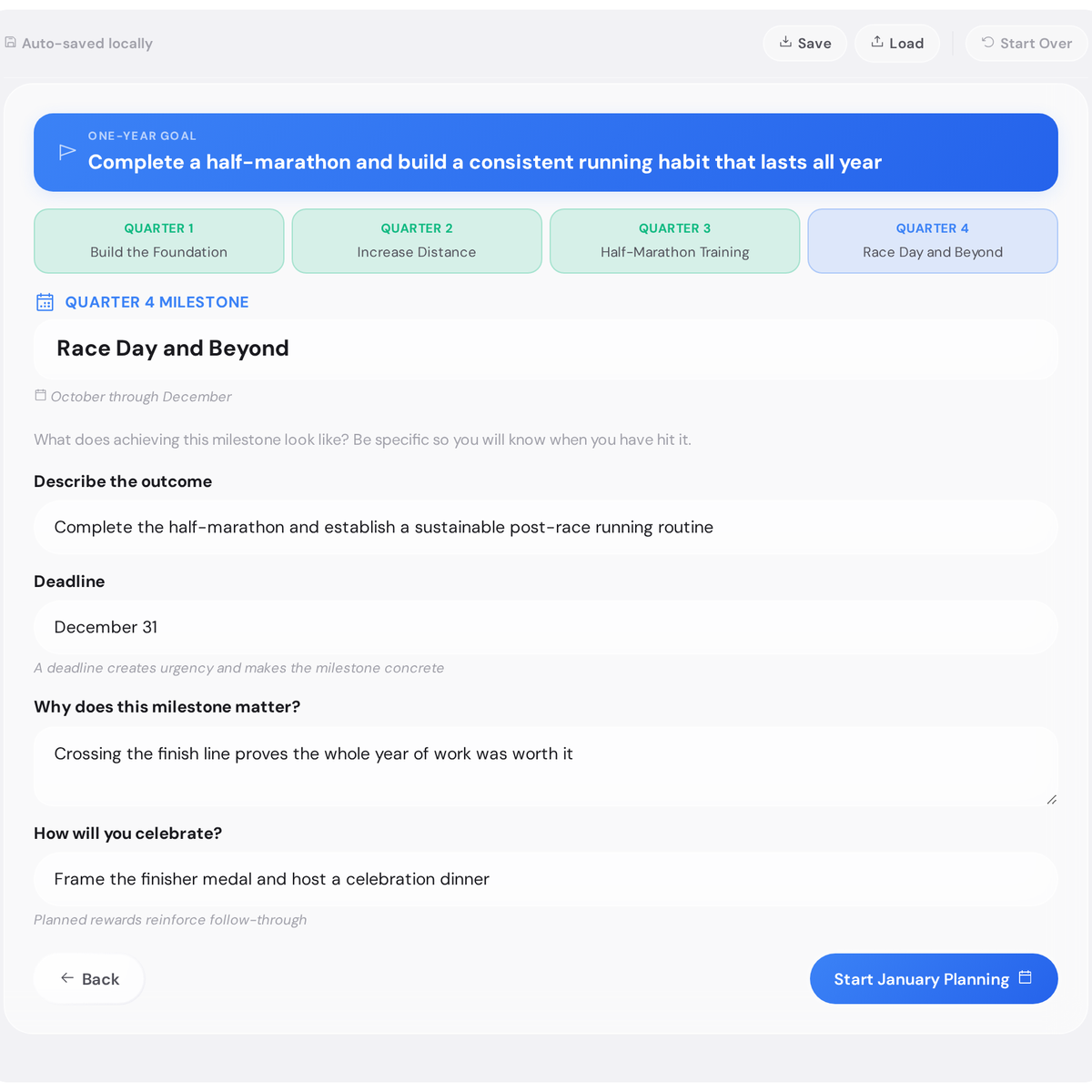 Goal cascading planner Q1 milestone screen with the one-year goal displayed as a persistent header