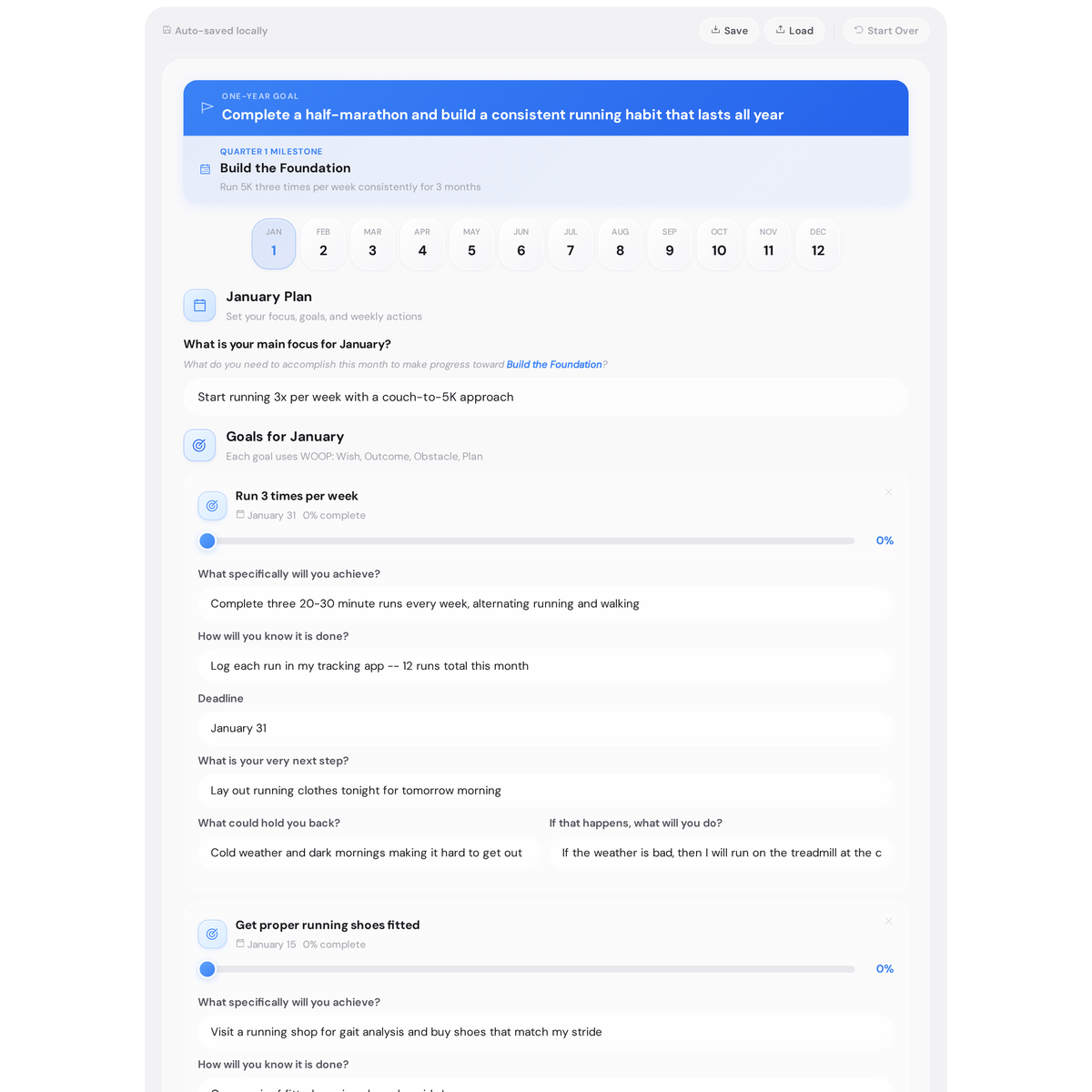Goal cascading planner Q2 milestone screen showing Q1 named in tab and Q2 form active