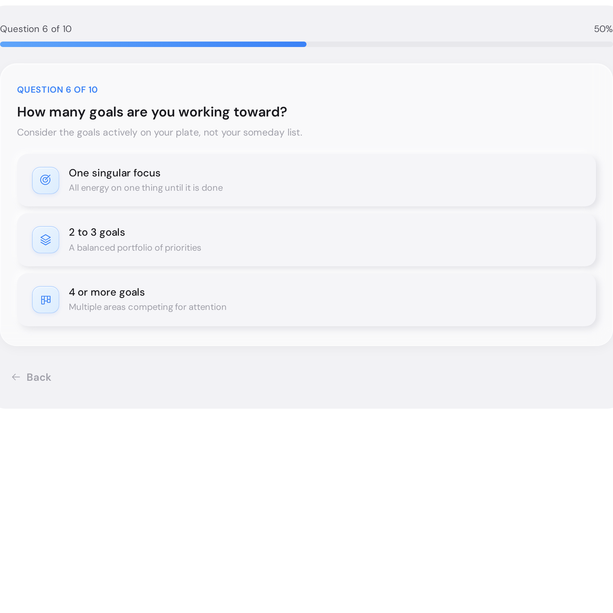 Which Goal Setting Method Is Right for You? Free Quiz 5 Goal Method Matcher Quiz at Question 6 of 10, asking how many goals you are currently working toward, with options for one, two to three, or four or more