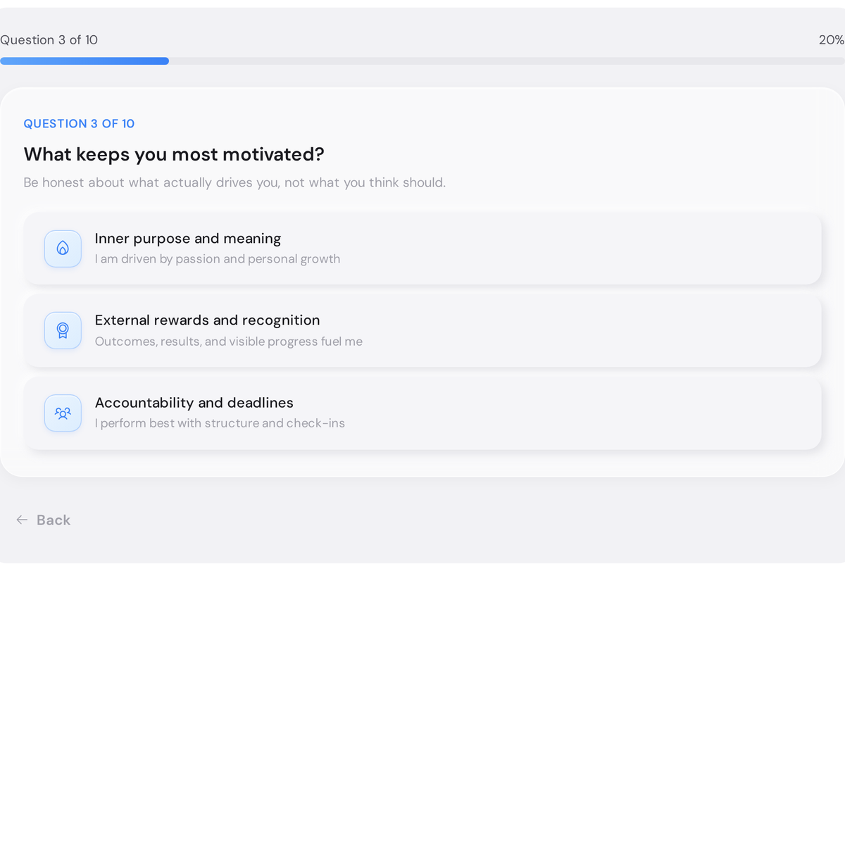 Which Goal Setting Method Is Right for You? Free Quiz 4 Goal Method Matcher Quiz question asking what keeps you most motivated, with three options: inner purpose and meaning, external rewards, and accountability and deadlines
