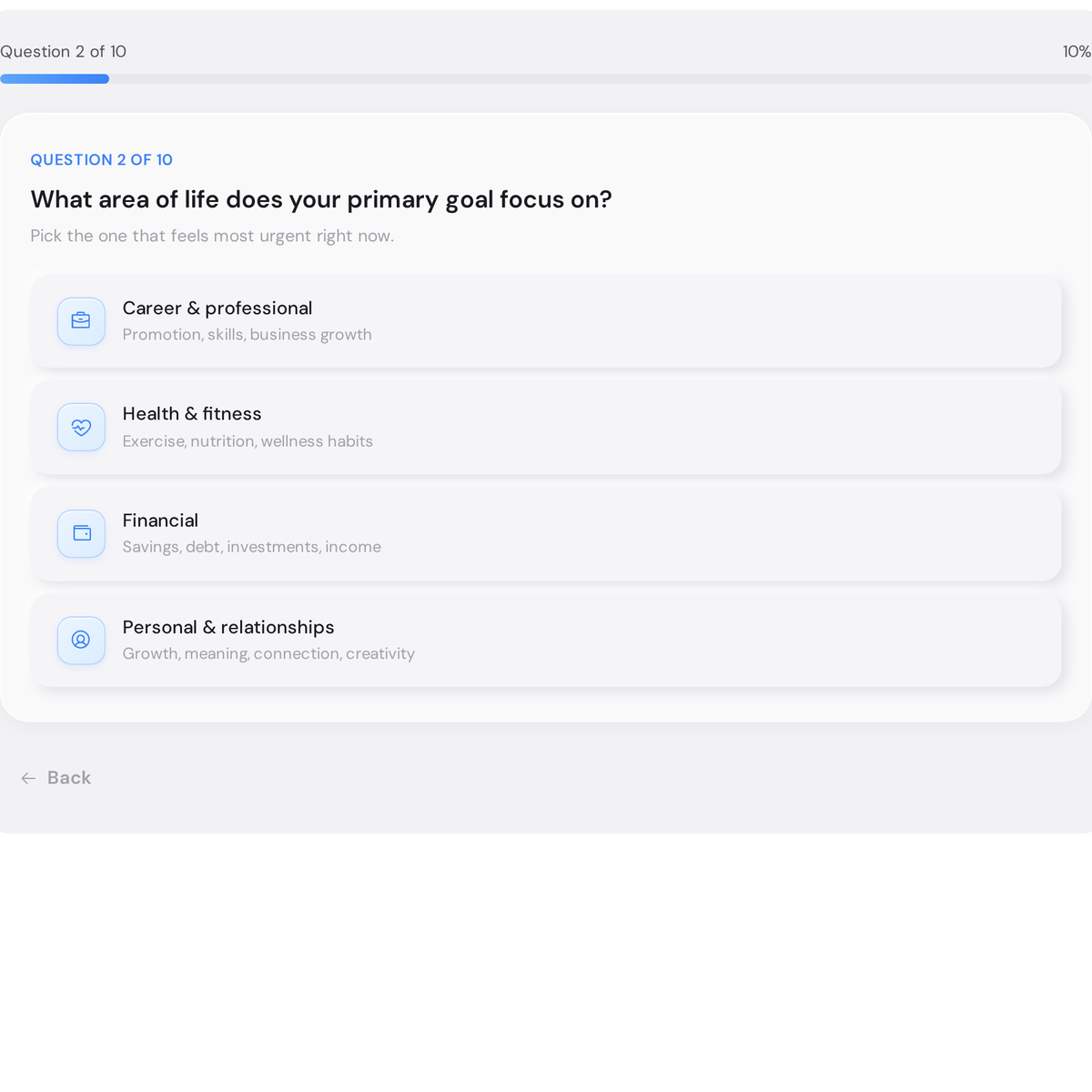 Which Goal Setting Method Is Right for You? Free Quiz 3 Goal Method Matcher Quiz showing progress bar at 10% through Question 2 of 10, with a Back button to change previous answers