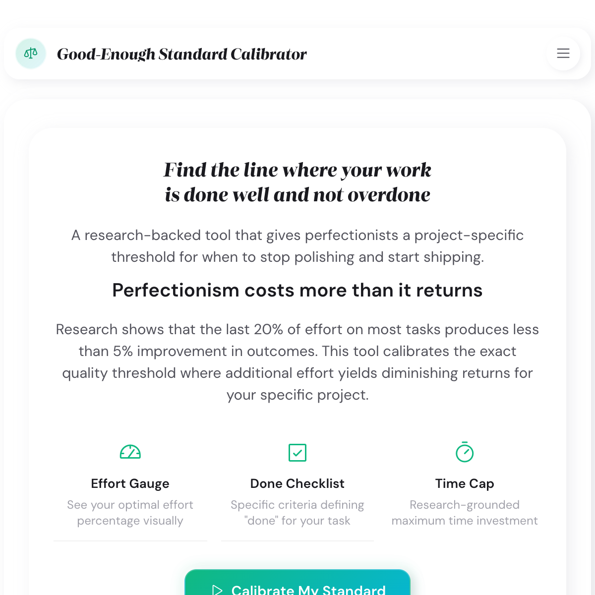 Good-Enough Checker project type selection screen with tiles for Report, Email, Presentation, Blog Post, Creative Work, Code, and more