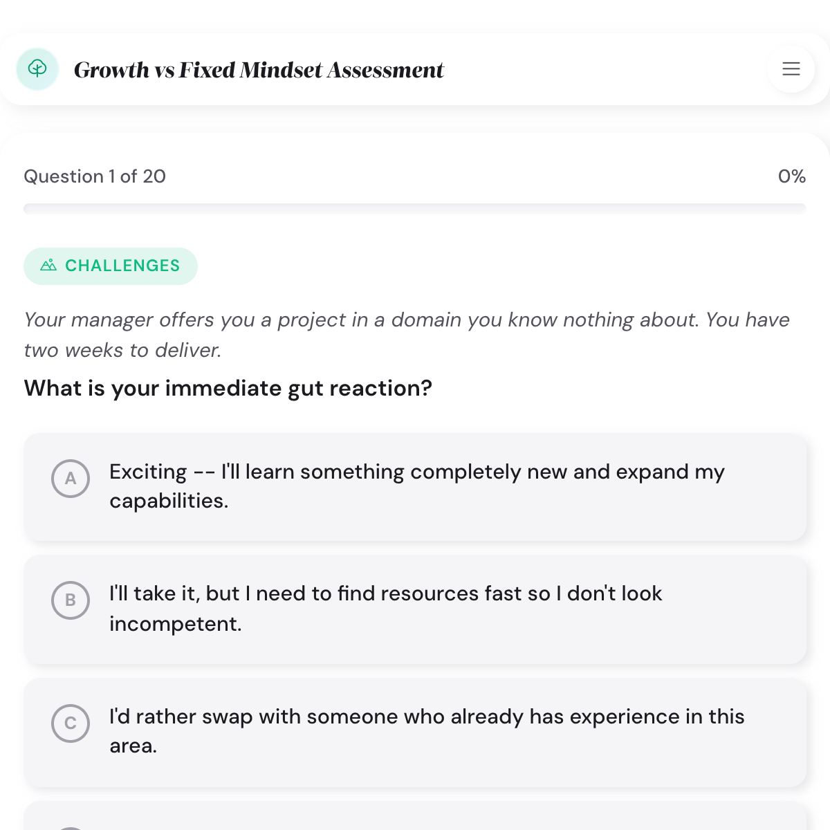 Growth vs Fixed Mindset Assessment result page showing a Fixed-Leaning score and domain breakdown bars