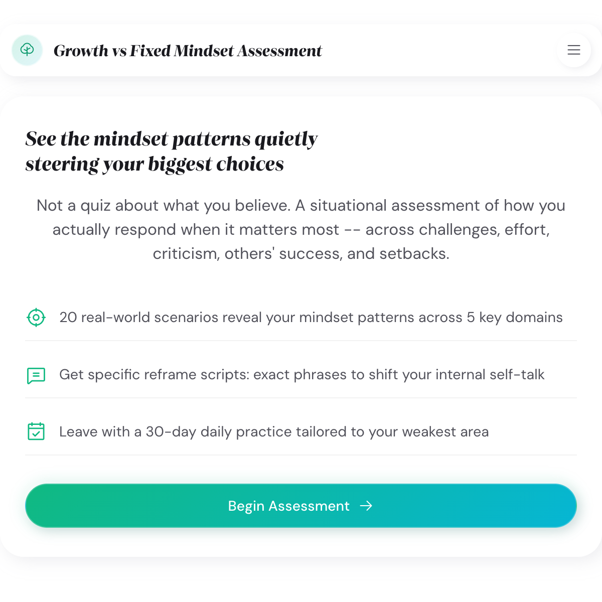 Growth vs Fixed Mindset Assessment intro previewing the five domains the tool measures and the scenario format