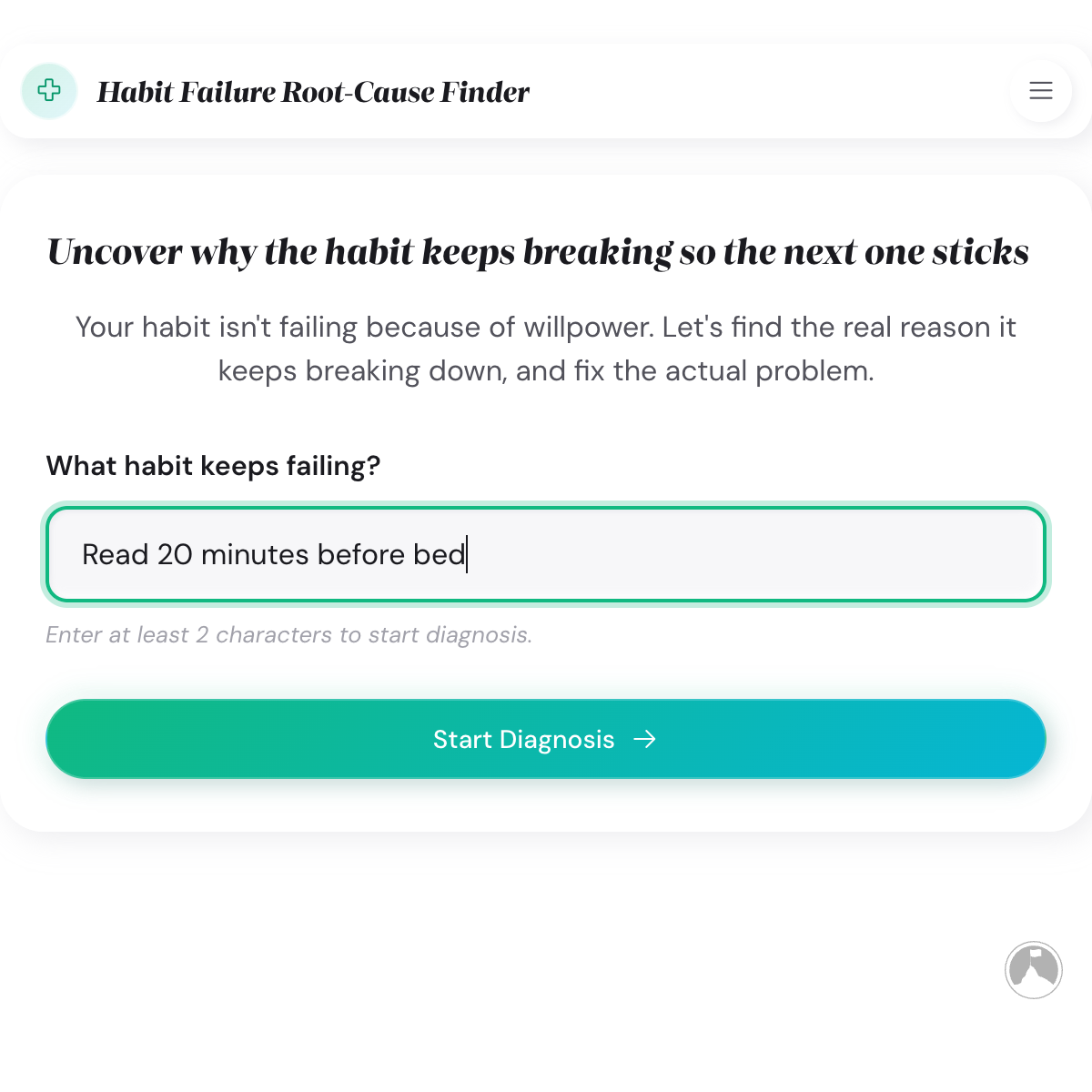 Root-Cause Finder diagnostic question in progress asking about what happens before skipping the habit with multiple answer options