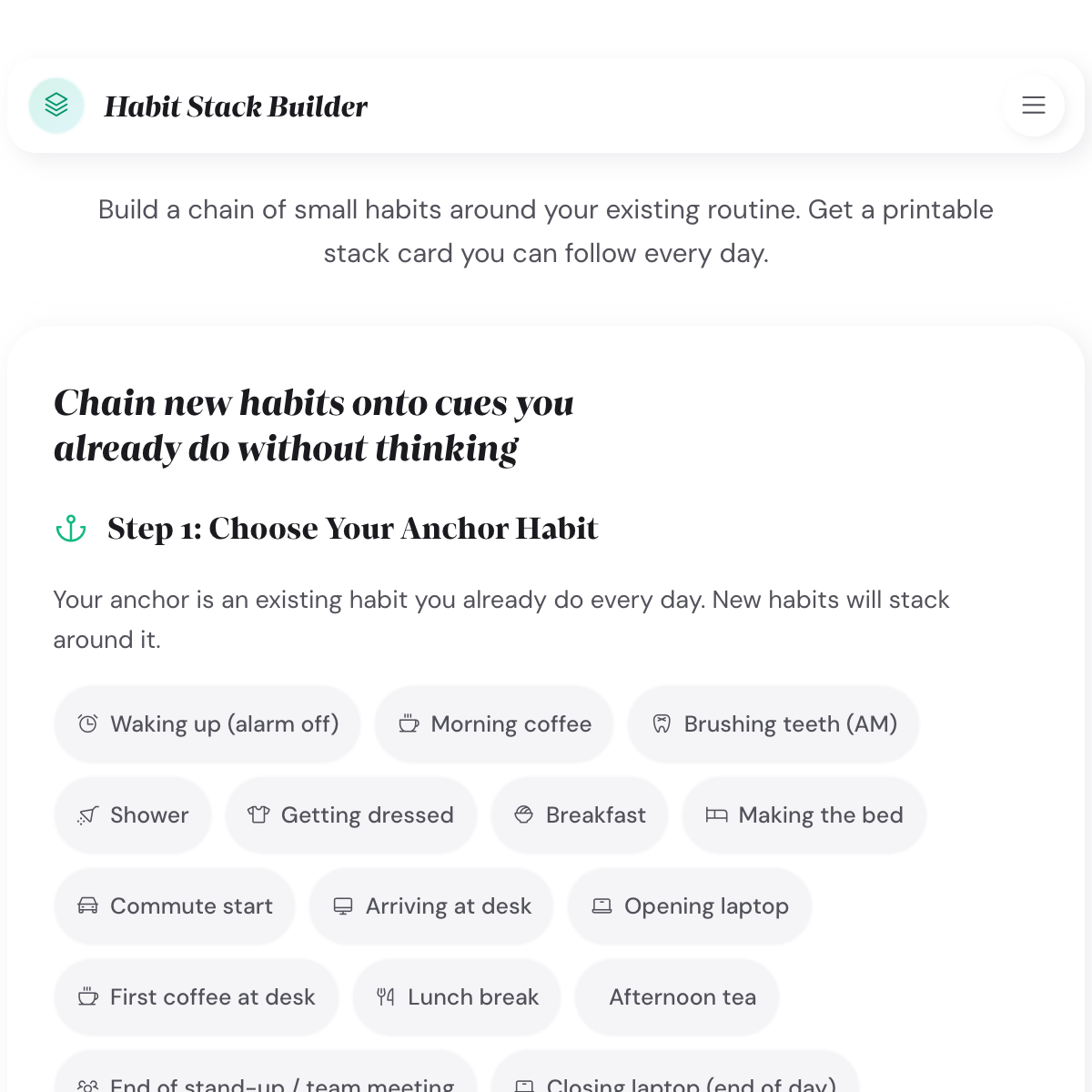 Habit Stack Builder mid-build with multiple habits chained and the stack capacity indicator approaching the overload threshold