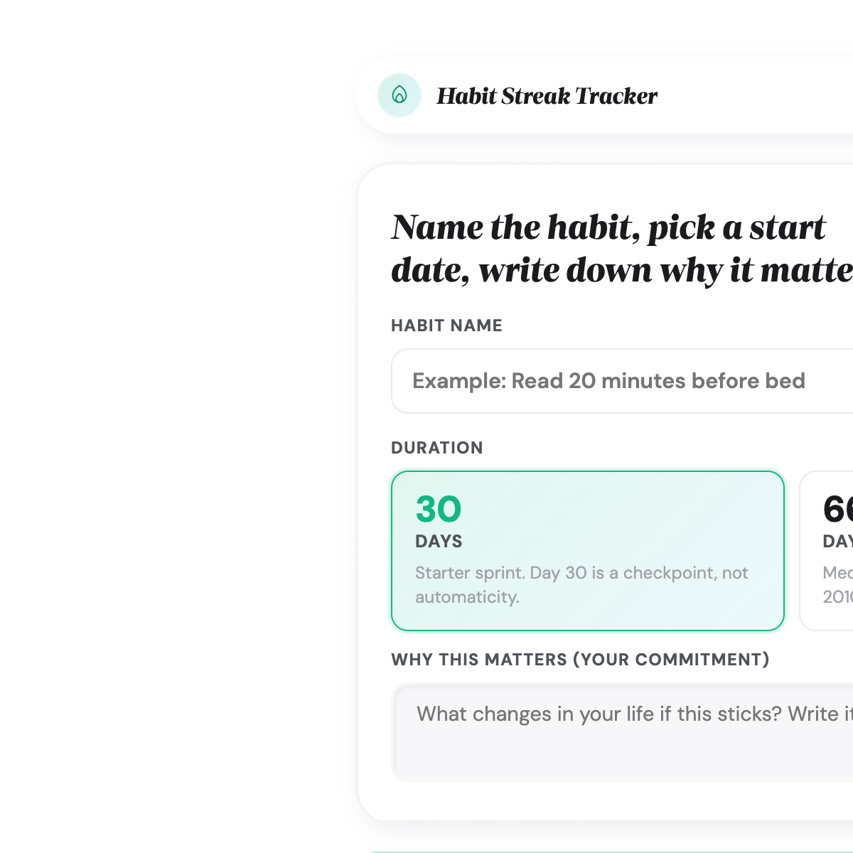 Shareable summary card with habit name, longest streak highlighted, and a mini-grid visualization of the 30-day run