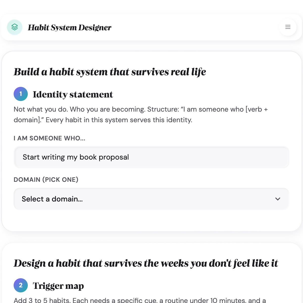 Environment layers section of Habit System Designer showing physical, digital, and social layers with behavioral audit and MVR below