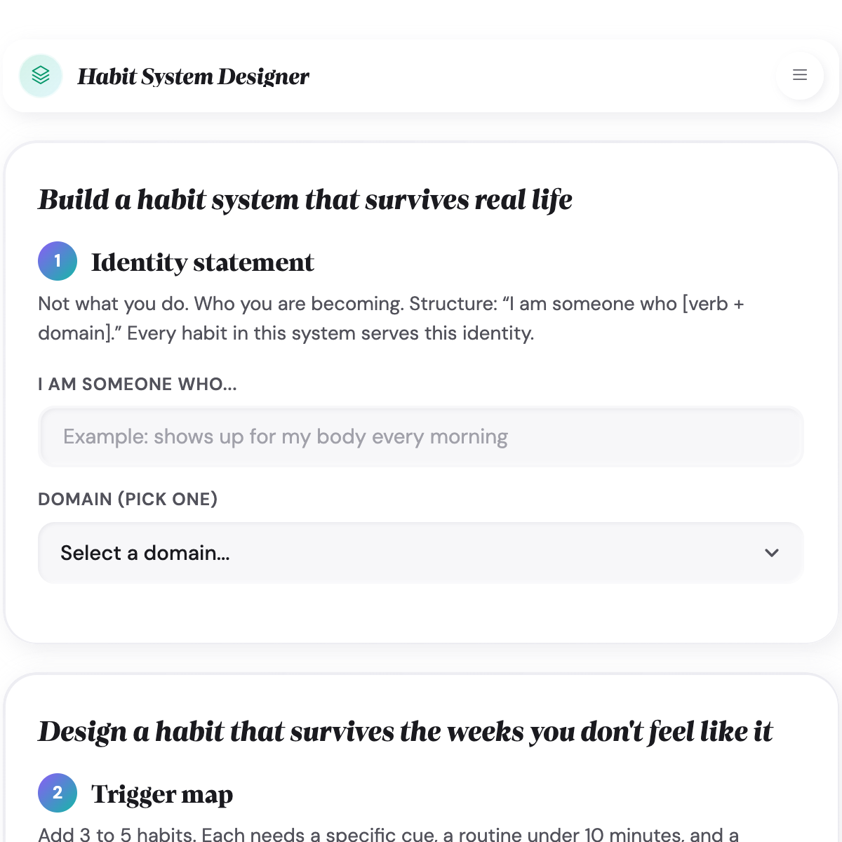 Habit System Designer opening screen with the identity statement field and domain picker above the trigger map