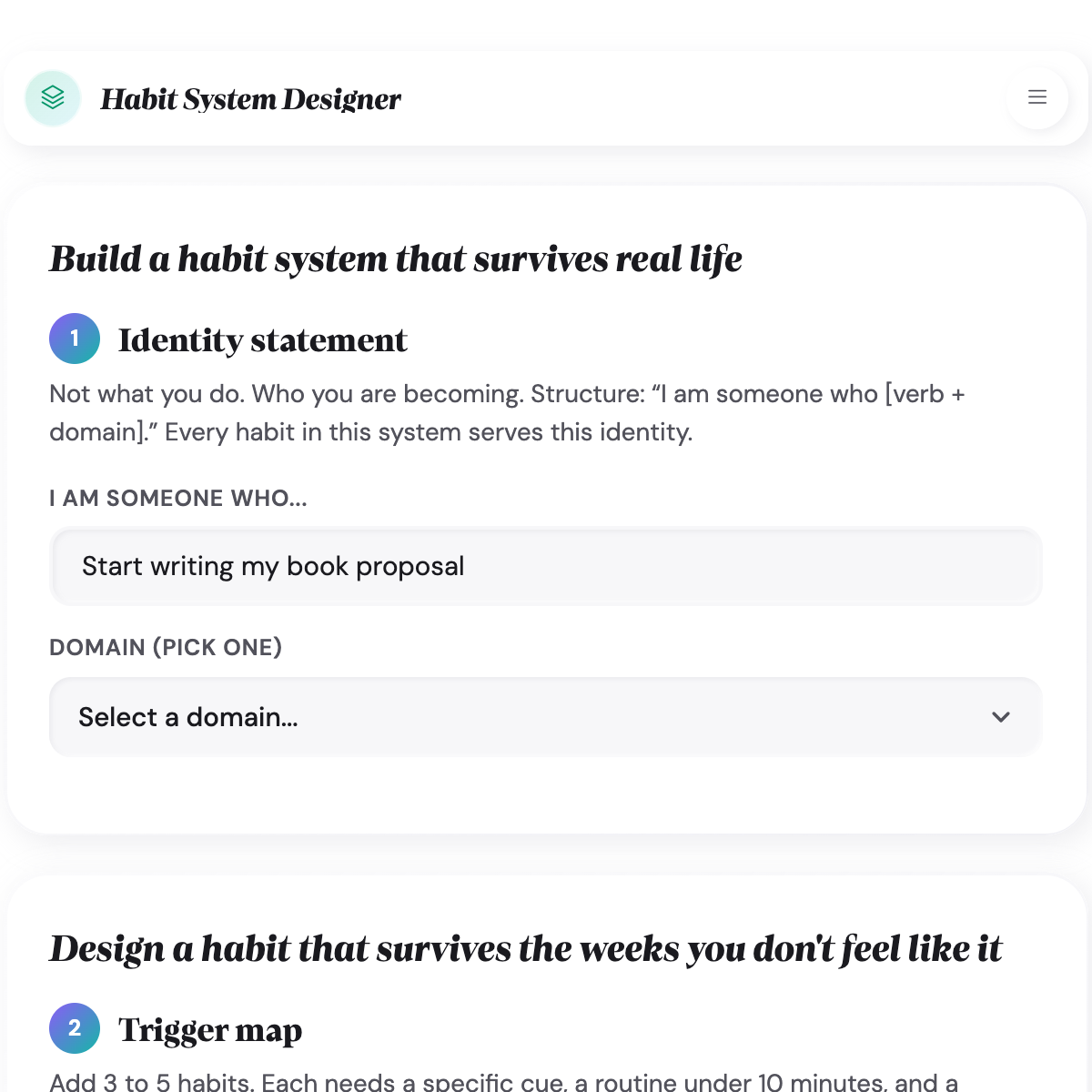 Trigger map section of Habit System Designer with multiple habits each showing cue, routine, and reward