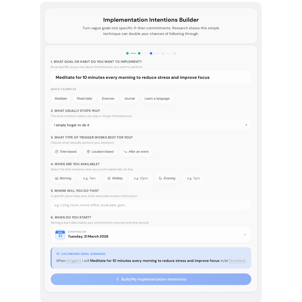 Free Implementation Intentions Builder - Create Research-Backed If-Then Plans 2 Implementation intentions builder with a meditation goal entered and obstacle selected, showing the live preview updating in real time