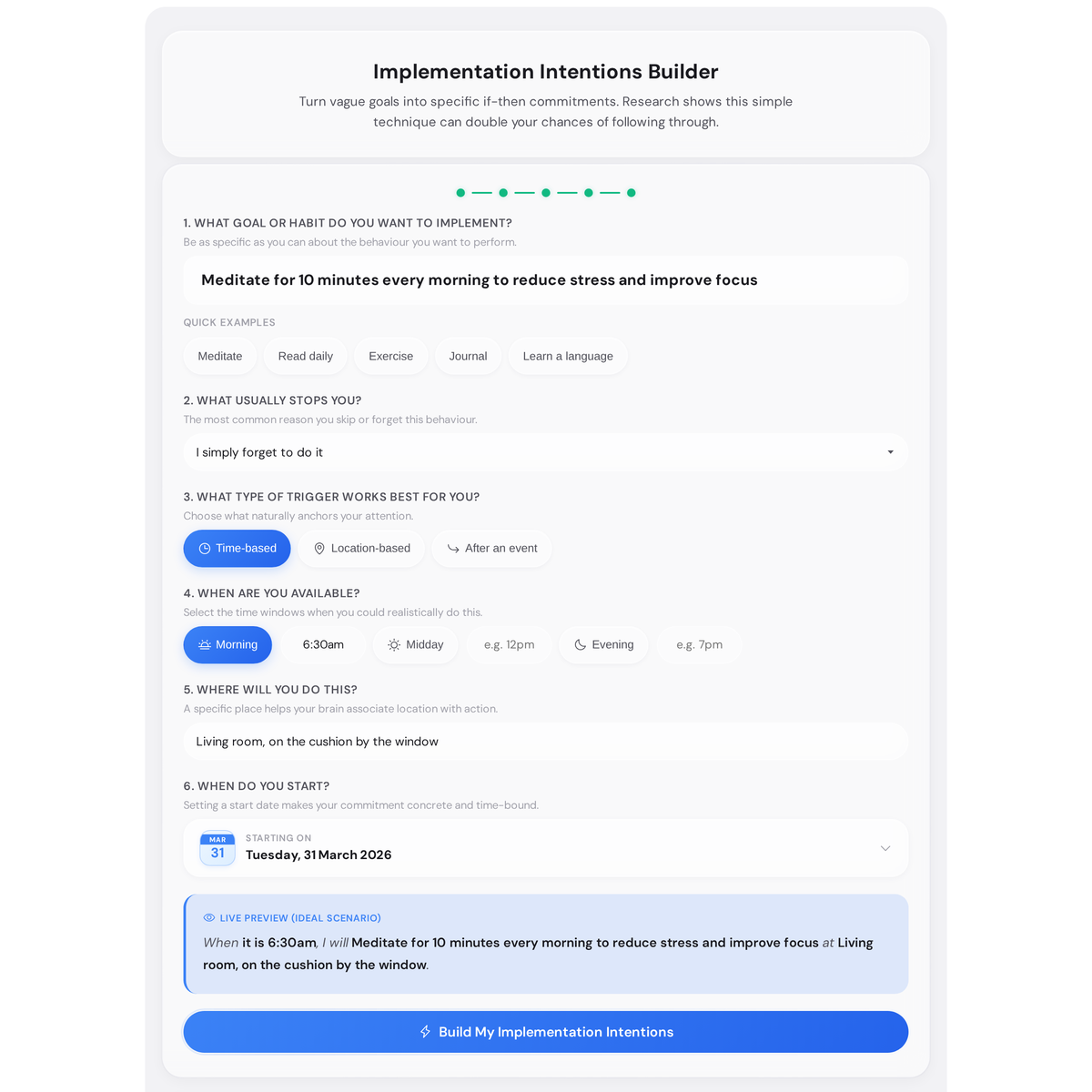 Free Implementation Intentions Builder - Create Research-Backed If-Then Plans 4 Implementation intentions builder results showing three if-then statements, a coping intention, and a printable commitment card
