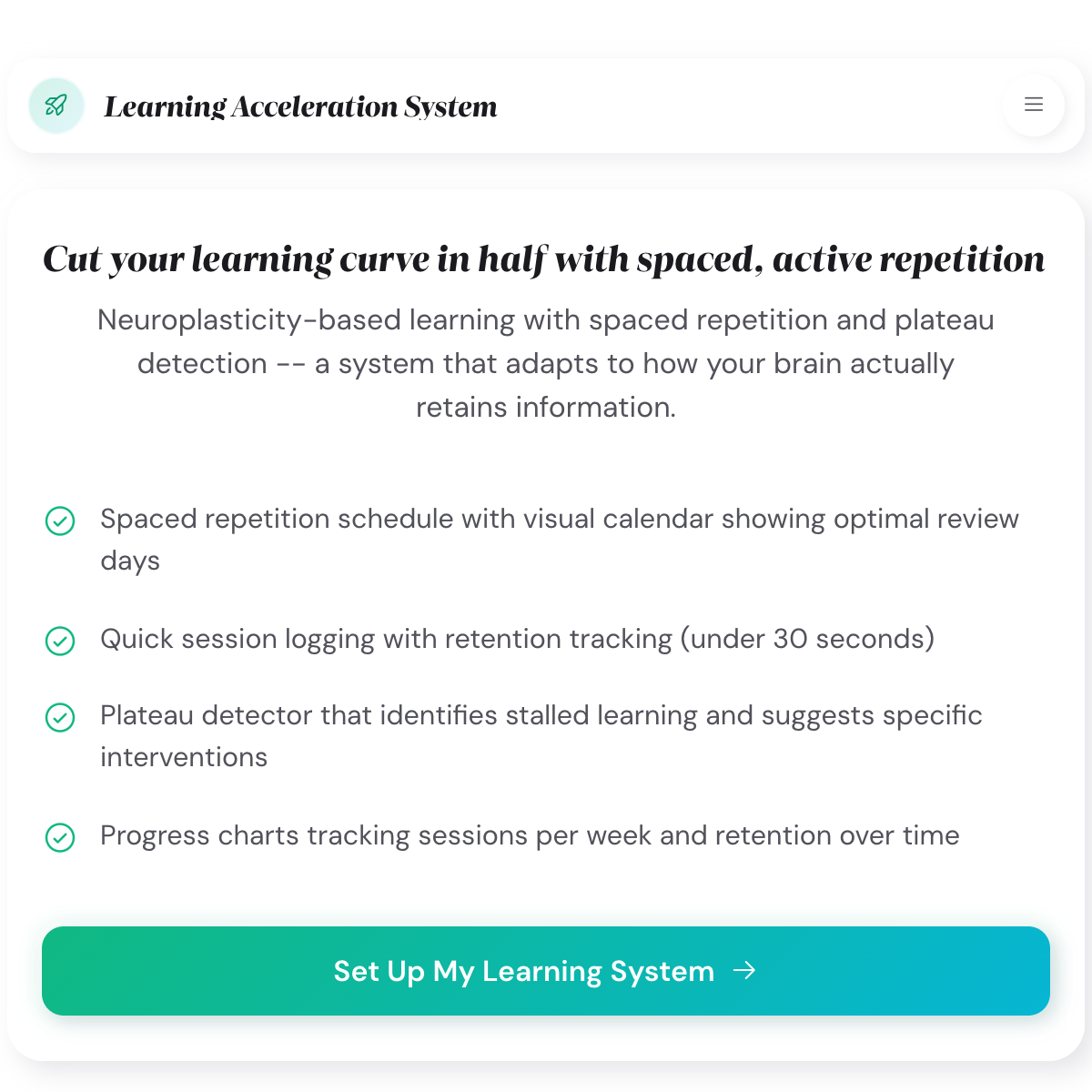 Learning Acceleration System setup screen with skill name, proficiency slider, and weekly hours fields