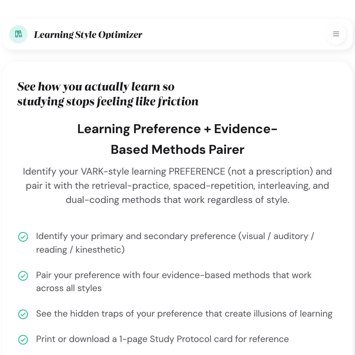 Learning Style Optimizer Quiz intro previewing the four VARK preference categories the quiz measures