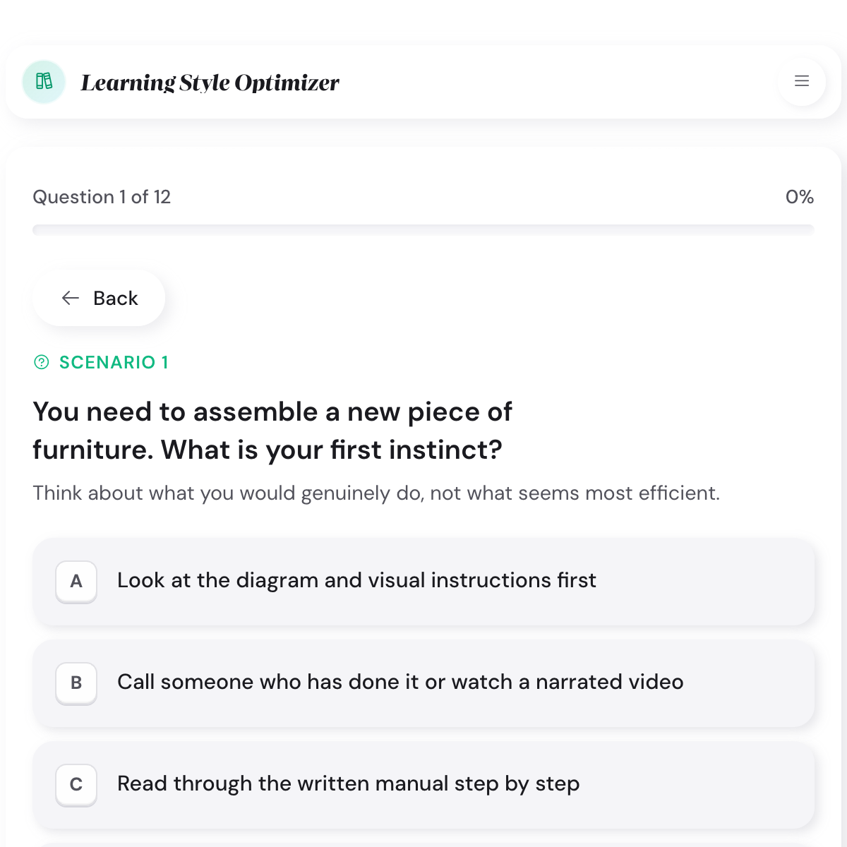 Learning Style Optimizer Quiz scenario question with four answer options mapped to the four VARK preferences
