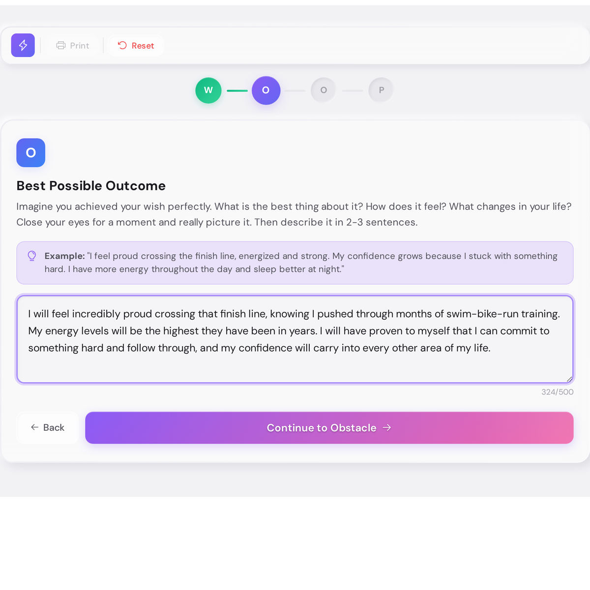 Free WOOP Goal Activator - Mental Contrasting Exercise Tool 3 Mental contrasting exercise tool showing the Outcome step with a vivid description of crossing a triathlon finish line