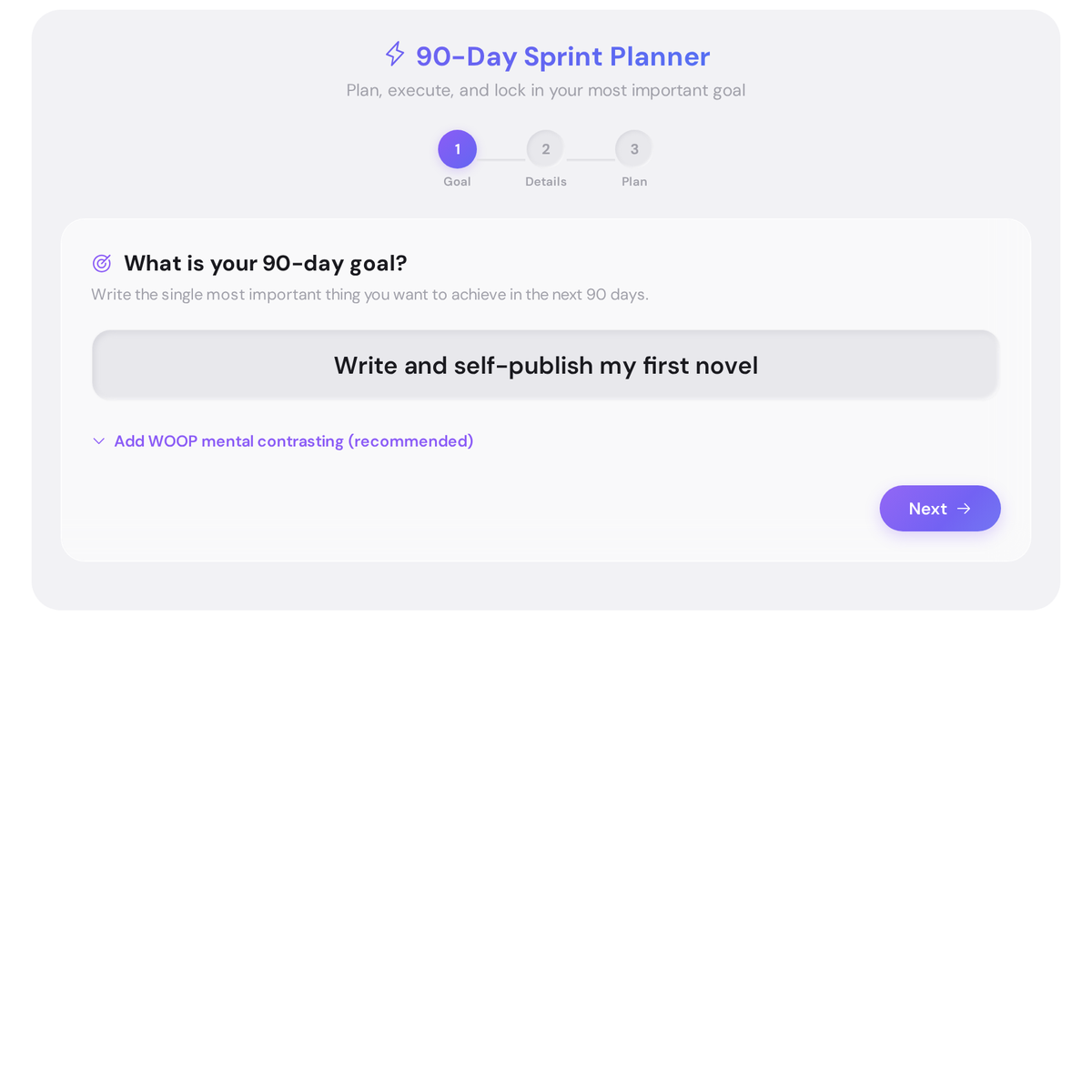 90-Day Sprint Planner - Complete 13-Week Execution Plan 2 90 day sprint planner with the goal 'Write and self-publish my first novel' entered in the goal input field