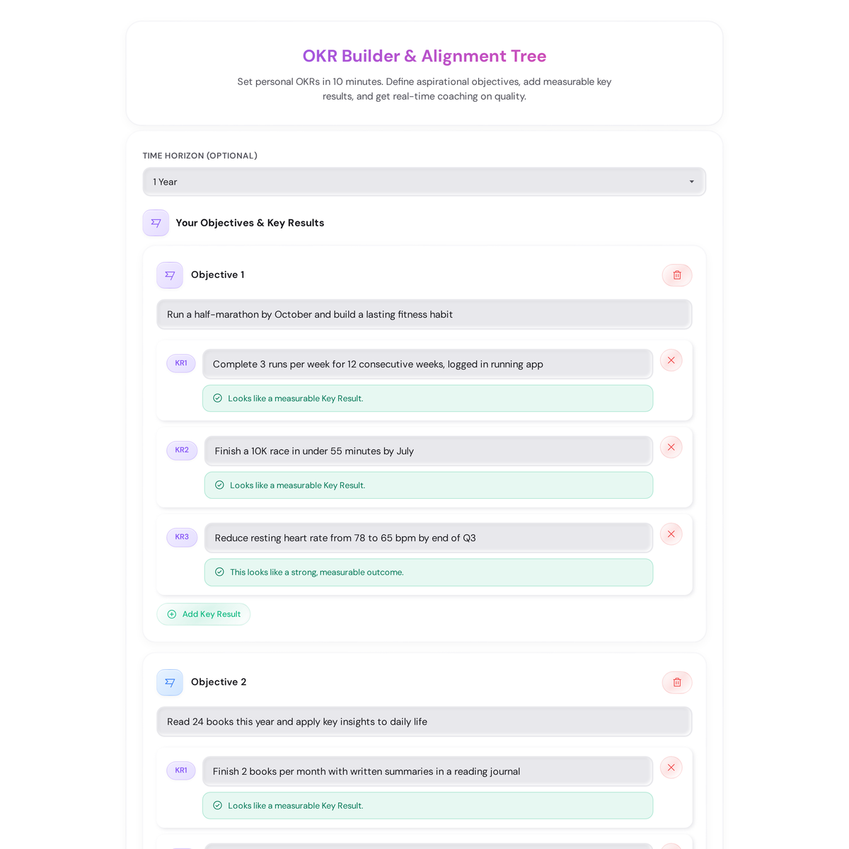 Free OKR Builder Tool - Set Personal OKRs with Quality Coaching 4 OKR alignment tree output showing a visual hierarchy with three Objectives at the top level, each branching into two or three Key Results with scoring guidance and a printable one-page OKR dashboard below