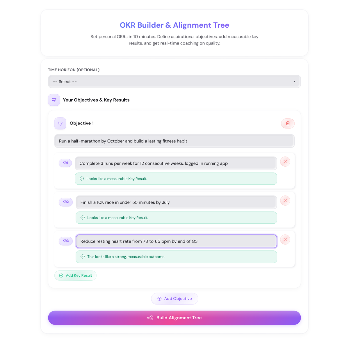 Free OKR Builder Tool - Set Personal OKRs with Quality Coaching 2 OKR builder tool showing a fitness Objective with three Key Results entered. Two display a green quality badge confirming measurable outcomes. A third Key Result shows an orange coaching alert explaining that the text describes a task rather than an outcome.