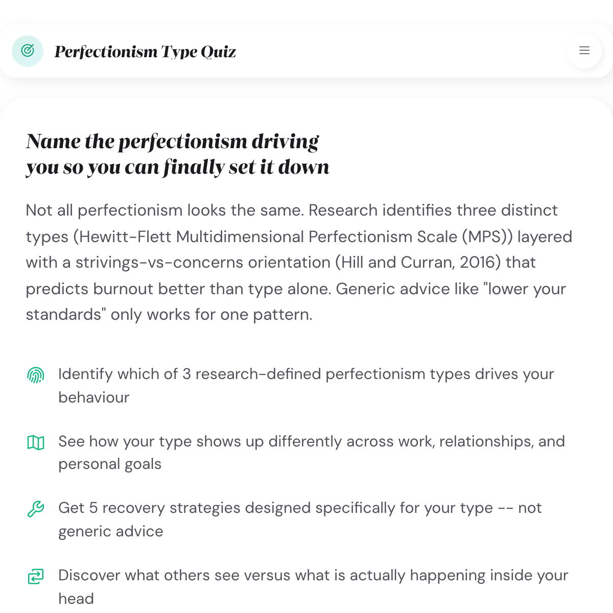 Perfectionism Type Quiz intro screen naming the three research-defined perfectionism types and the strivings-vs-concerns dimension