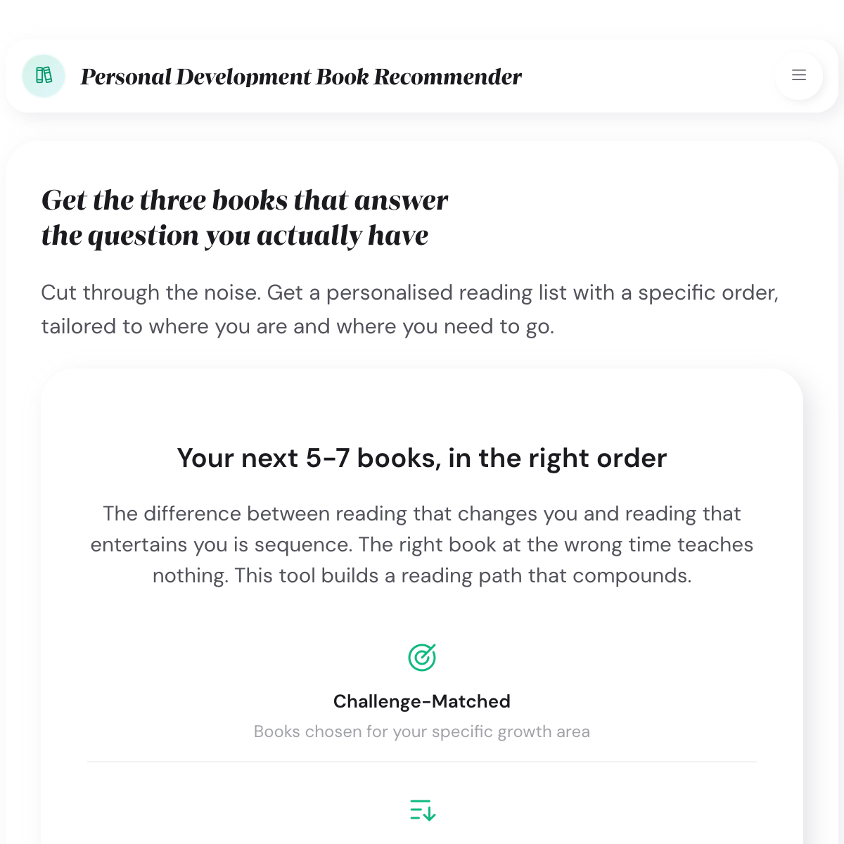 Personal Development Book Recommender opening step with the six challenge tiles: Career, Habits, Relationships, Mindset, Focus, Life Direction