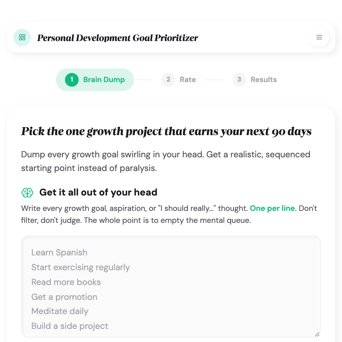 Personal Development Goal Prioritizer brain-dump text box with multiple growth goals listed one per line