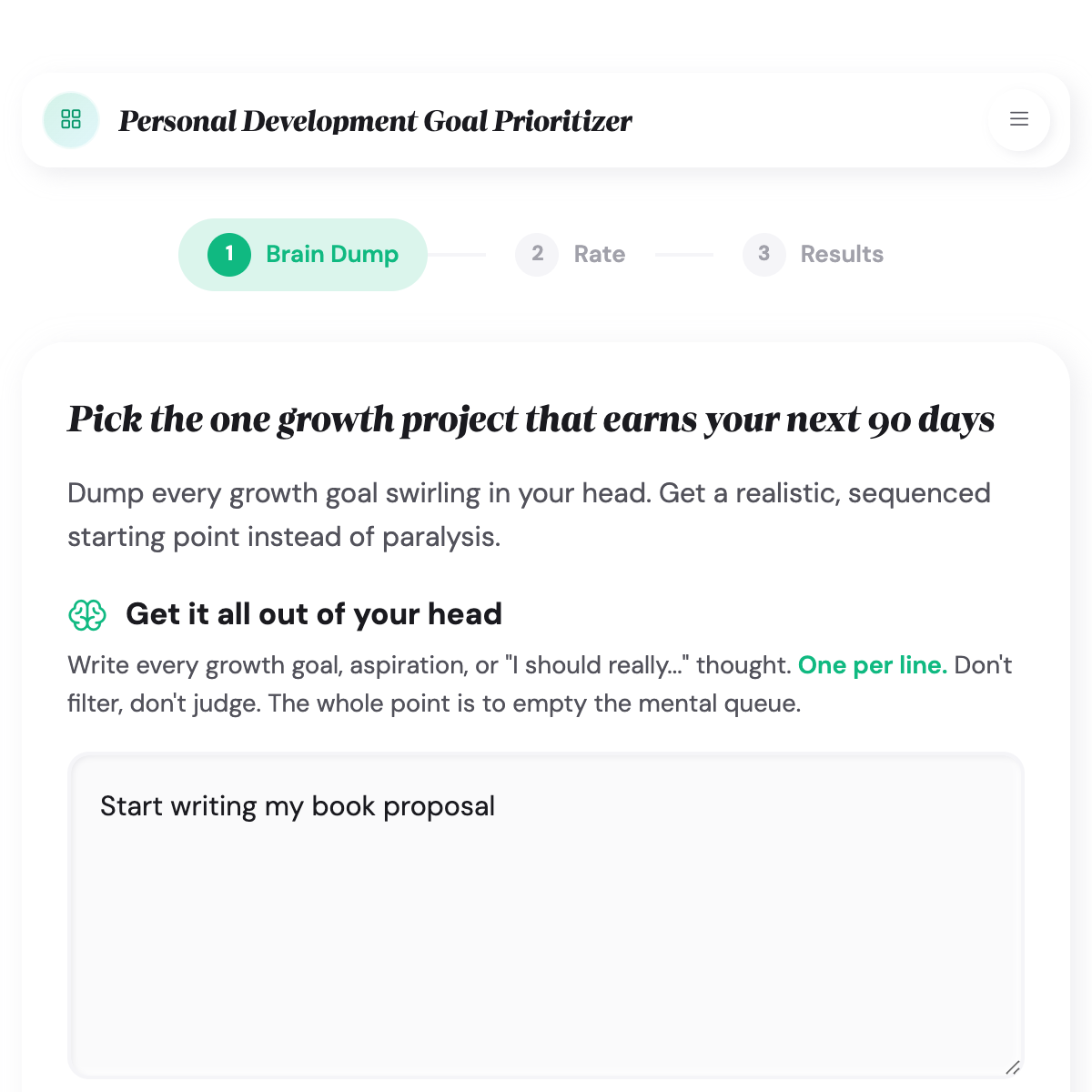 Sorted Growth Plan output with starting pair, parking lot, and overlap flags across life-area categories