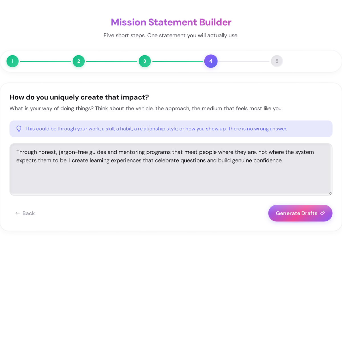 Personal mission statement builder step 5 showing three generated draft variations labelled Aspirational, Functional, and Personal, each presenting the same inputs in a different voice and structure