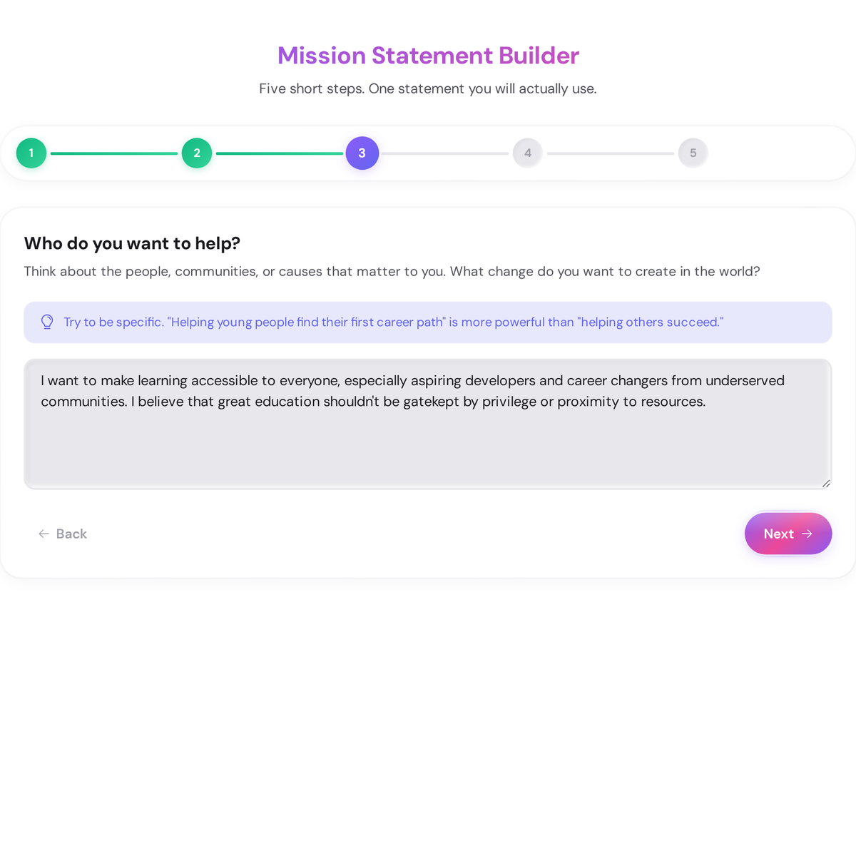 Personal mission statement builder step 3 showing the impact prompt asking who you want to help and what change you want to create, with a filled example about making learning accessible to aspiring developers